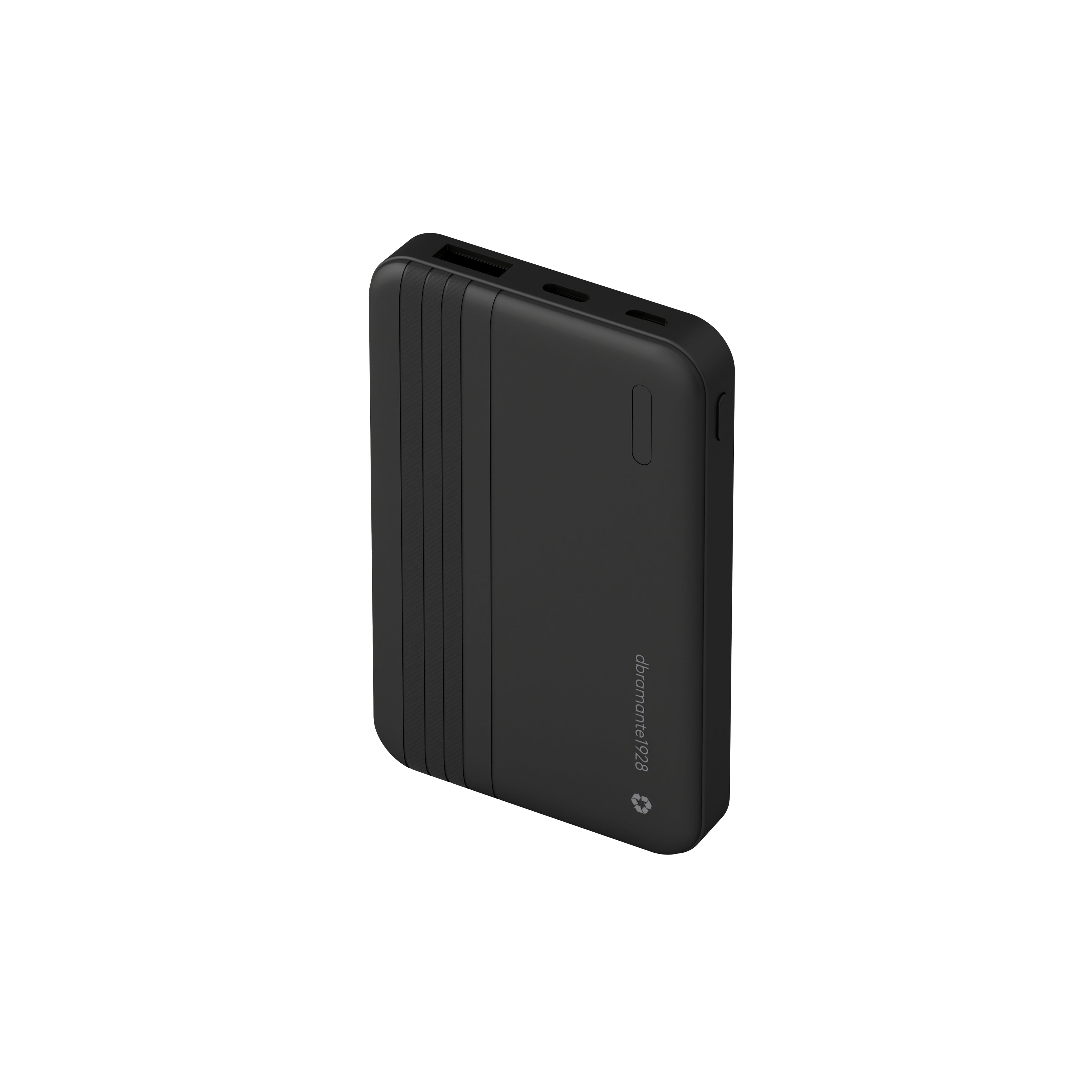 dbramante1928 re-charge - Banque d'alimentation - 5000 mAh - 20 Watt - Apple 2.4A, BC 1.2, PD 2.0, PD 3.0, QC 2.0, QC 3.0 - 2 connecteurs de sortie (24 pin USB-C, USB type A) - sur le câble : USB-C - noir