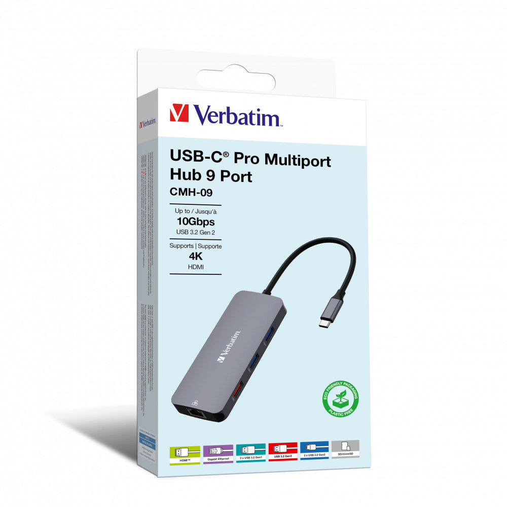 Verbatim CMH 09 - Concentrateur (hub) - 1 x HDMI + 2 x USB-C 3.2 Gen 2 + 3 x USB 3.2 de 1ère génération + 1 x Ethernet 1 GigabitEthernet - de bureau