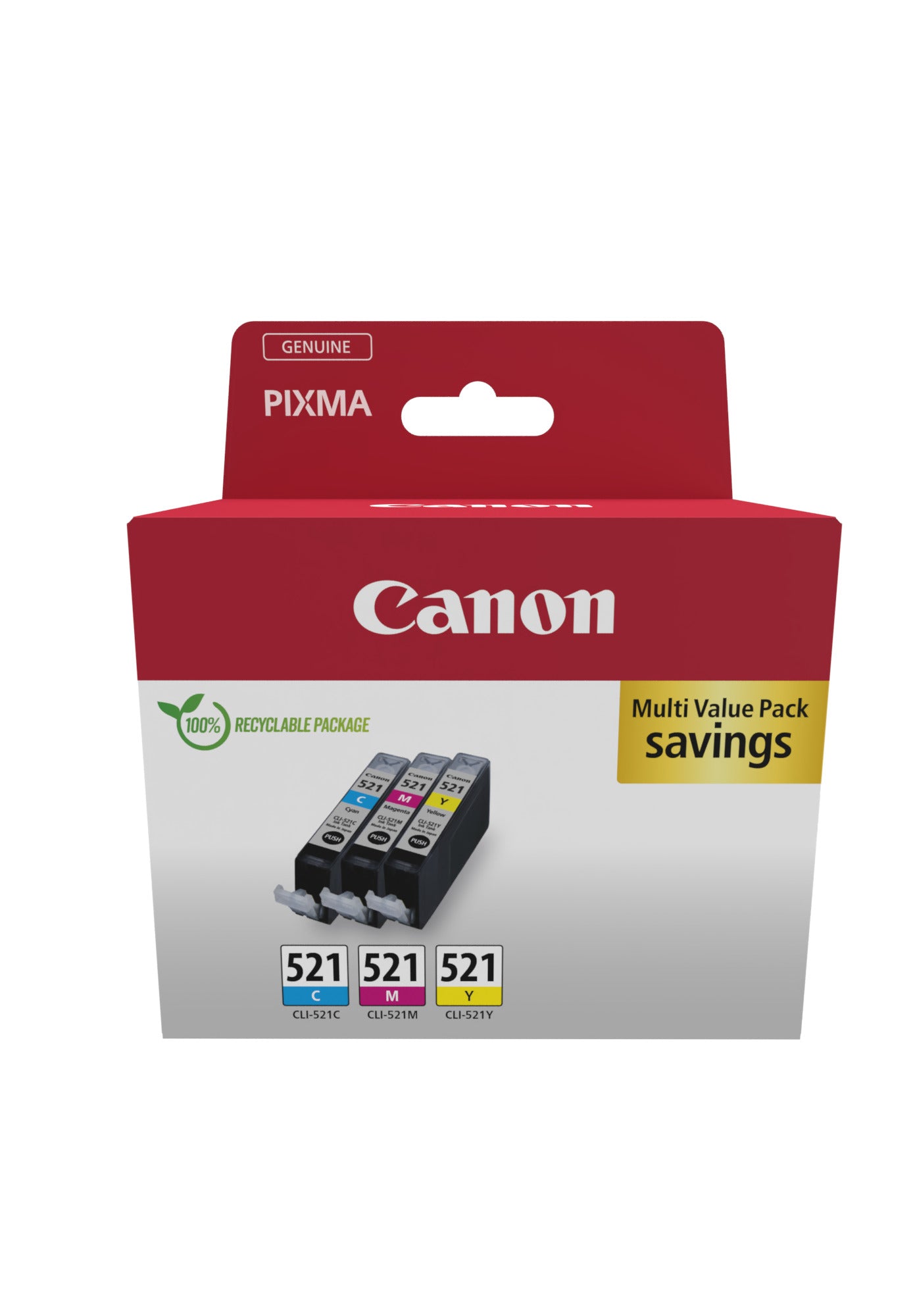 Canon CLI-521 C/M/Y Multi pack - Pack de 3 - 9 ml - jaune, cyan, magenta - original - réservoir d'encre - pour PIXMA iP3600, iP4700, MP540, MP550, MP560, MP620, MP630, MP640, MP980, MP990, MX860, MX870