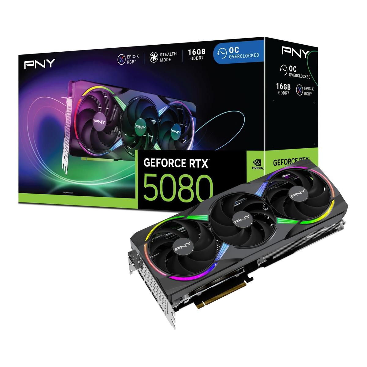 PNY GeForce RTX 5080 ARGB OC - Carte graphique - GeForce RTX 5080 - 16 Go GDDR7 - PCIe 5.0 x16 - 3 x DisplayPort, HDMI