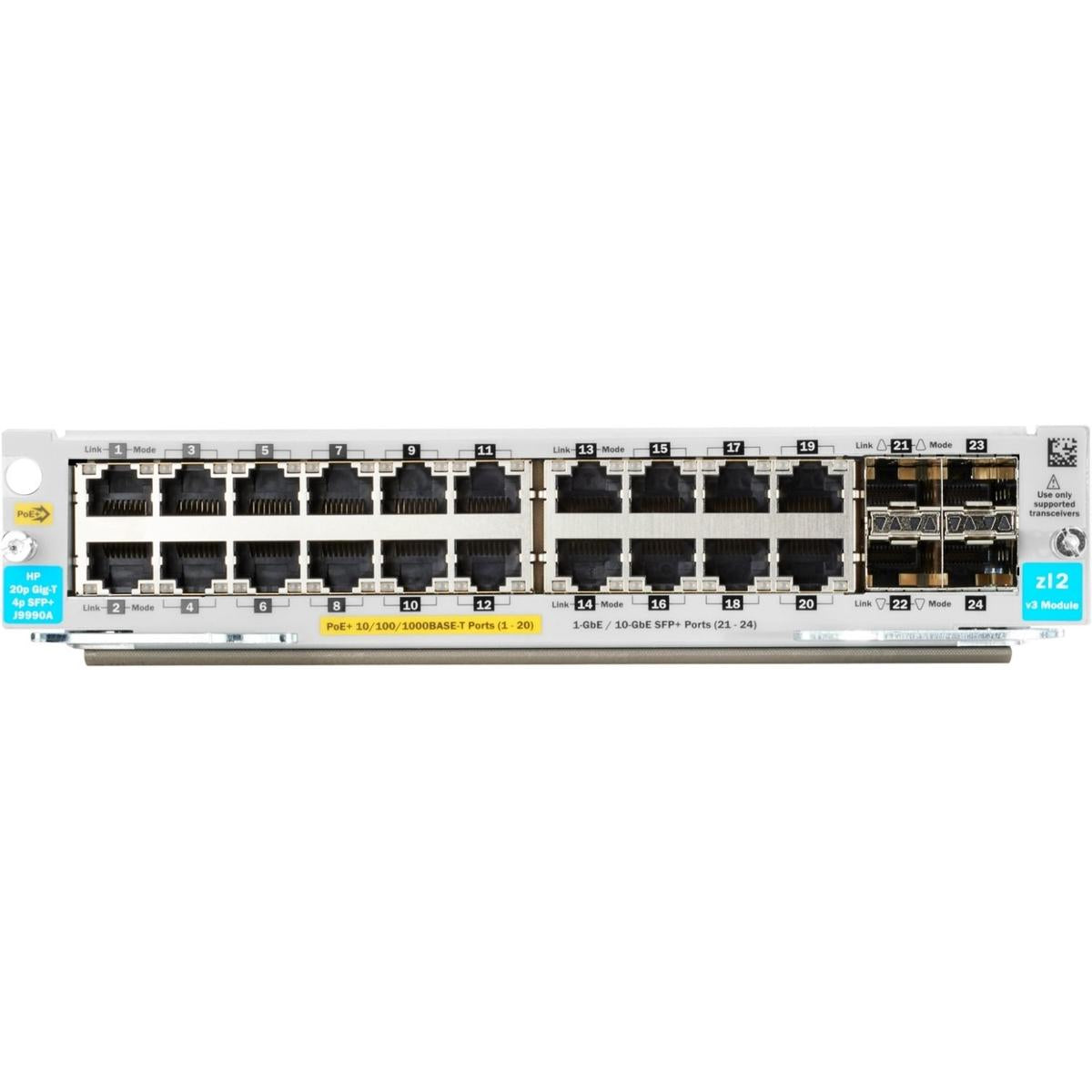 HPE - Module d'extension - Gigabit Ethernet (PoE+) x 20 + Gigabit Ethernet / 10 Gigabit SFP+ x 4 - pour HPE Aruba 5406R, 5406R 16, 5406R 44, 5406R 8-port, 5406R zl2, 5412R, 5412R 92, 5412R zl2