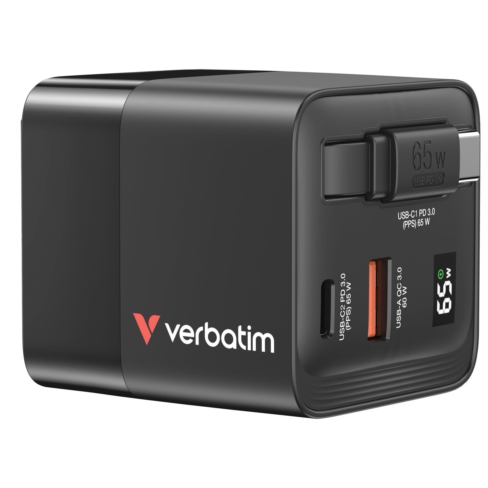 Chargeur secteur Verbatim GaN 1x ports USB-A + 1x port USB-C 65W avec cable rétractable(Noir)