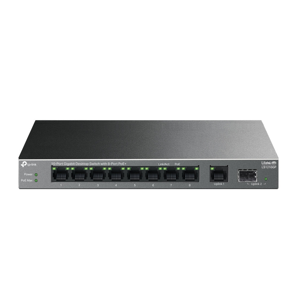 TP-Link LiteWave LS1210GP V1 - Commutateur - 8 x 10/100/1000 (PoE+) + 1 x 10/100/1000 + 1 x Gigabit SFP - de bureau, fixation murale - PoE+ (61 W)