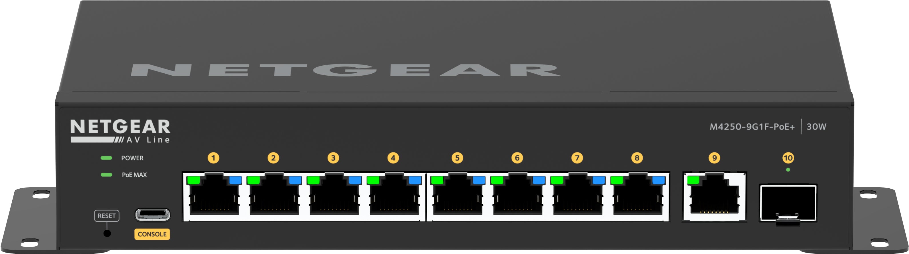 NETGEAR M4250-9G1F-PoE+ - Commutateur - C3 - Géré - 8 x 10/100/1000 (8 PoE+) + 1 x 10/100/1000 + 1 x Gigabit SFP - flux d'air côte à côte - de bureau - PoE+ (110 W)