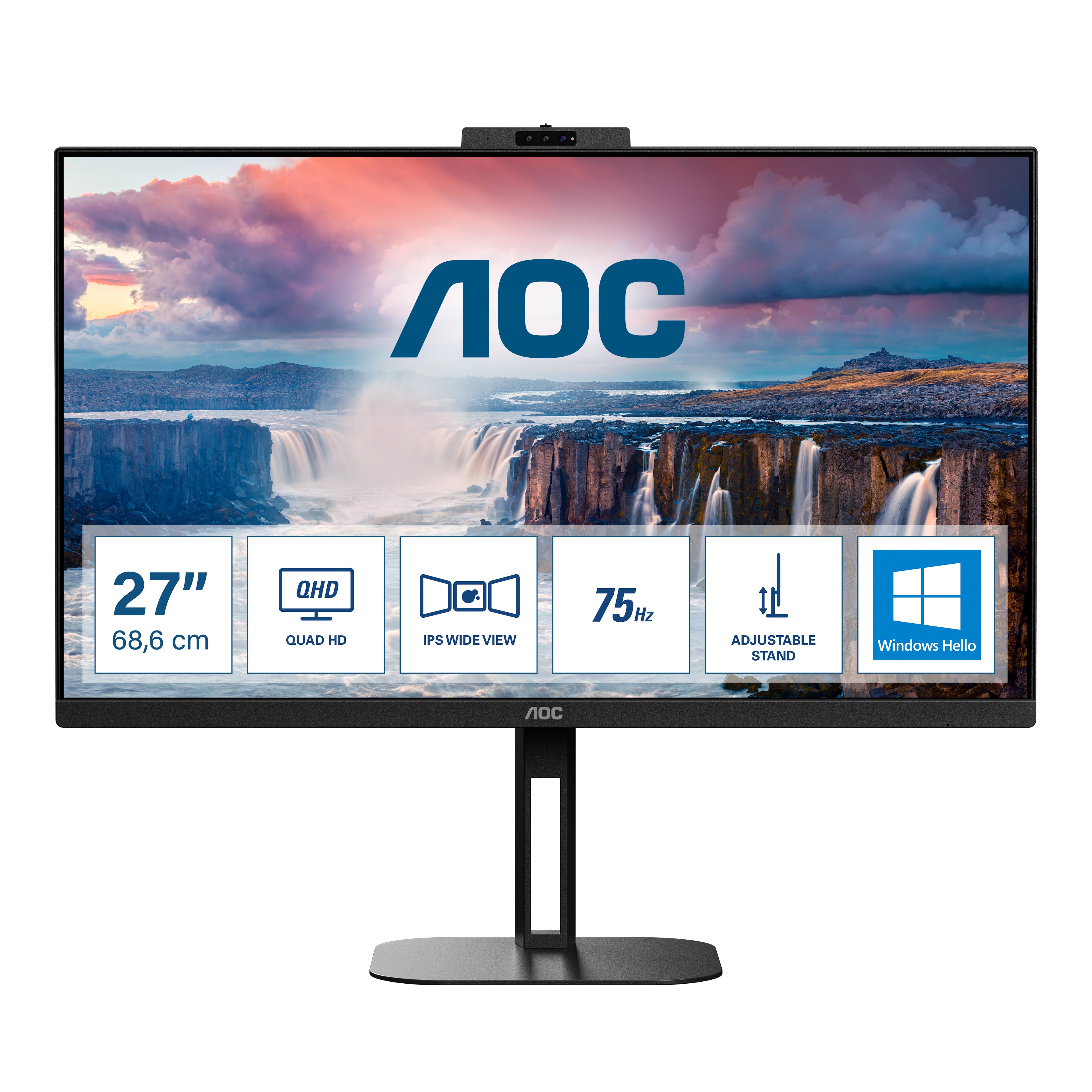 AOC Value-line Q27V5CW/BK - V5 series - écran LED - 27" - 2560 x 1440 QHD @ 75 Hz - IPS - 300 cd/m² - 1000:1 - 4 ms - HDMI, DisplayPort, USB-C - haut-parleurs - noir