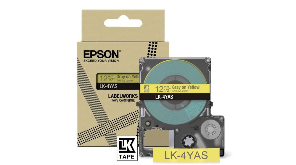 Epson LabelWorks LK-4YAS - Gris sur jaune - Rouleau (1,2 cm x 8 m) 1 cassette(s) boîte de suspension - cartouche de bande - pour LabelWorks LW-C410, LW-C610