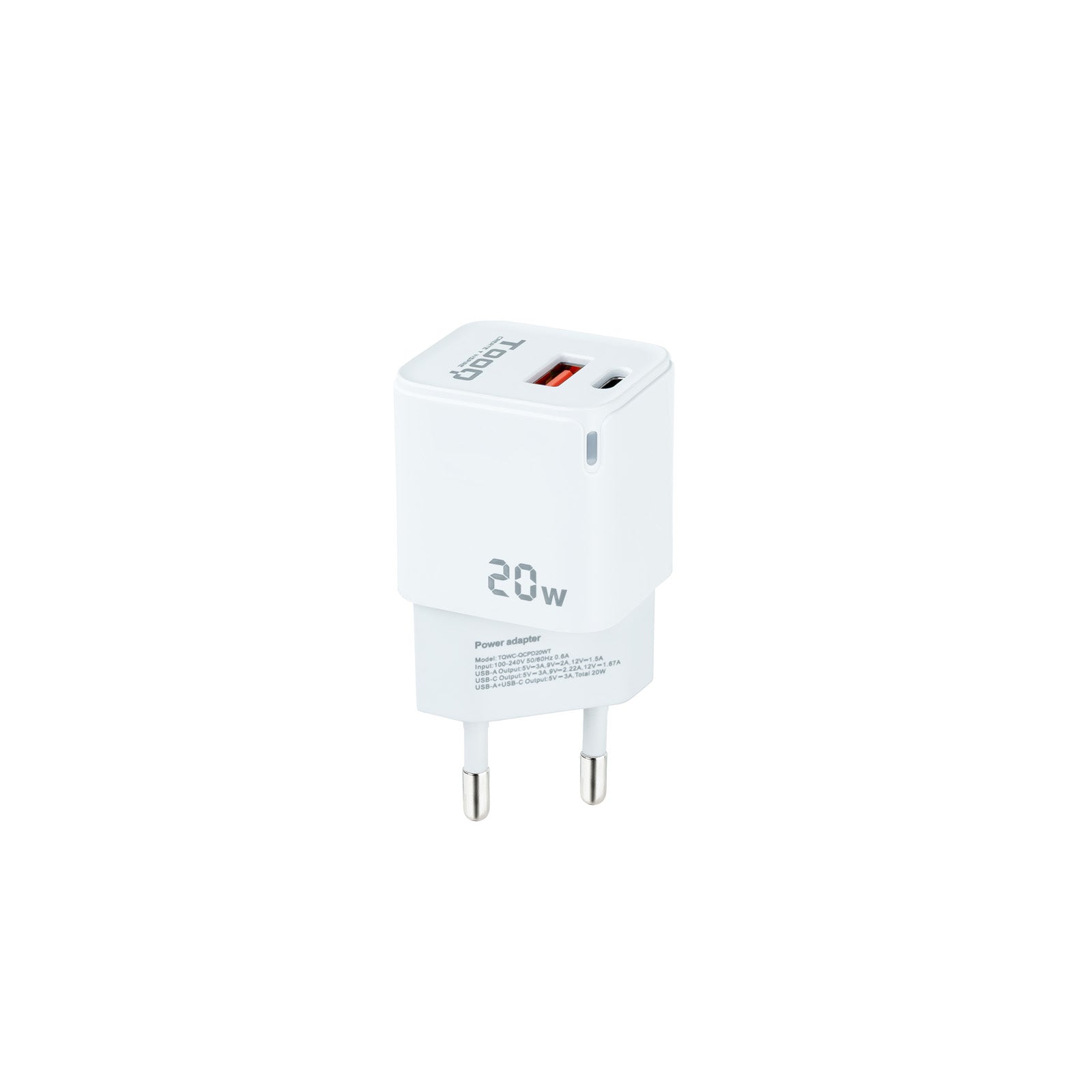 Chargeur secteur TooQ 1x port USB-A + 1x port USB-C 20W (Blanc)
