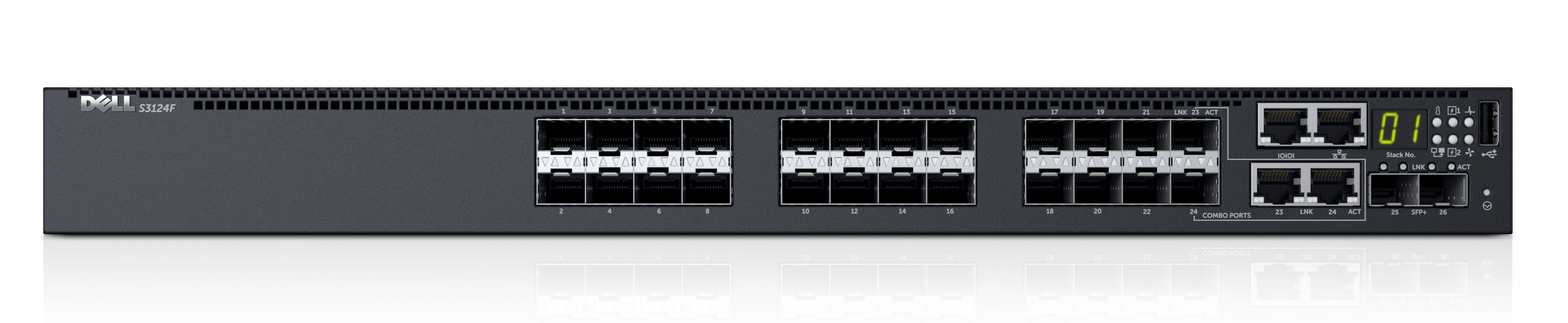Dell Networking S3124F - Switch 24 ports 1GbE SFP - L3 - 2xCombo - 2x10GE SFP+ fixed ports - Stacking - IO to PSU air - 1x AC PSU - Garantie 3 ans ProSupport