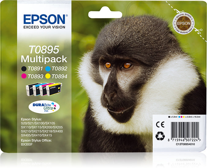 Epson T0895 Multipack - Pack de 4 - noir, jaune, cyan, magenta - original - emballage coque avec alarme radioélectrique/ acoustique - cartouche d'encre - pour Stylus S21, SX100, SX105, SX115, SX215, SX218, SX400, SX405, SX415, Stylus Office BX300