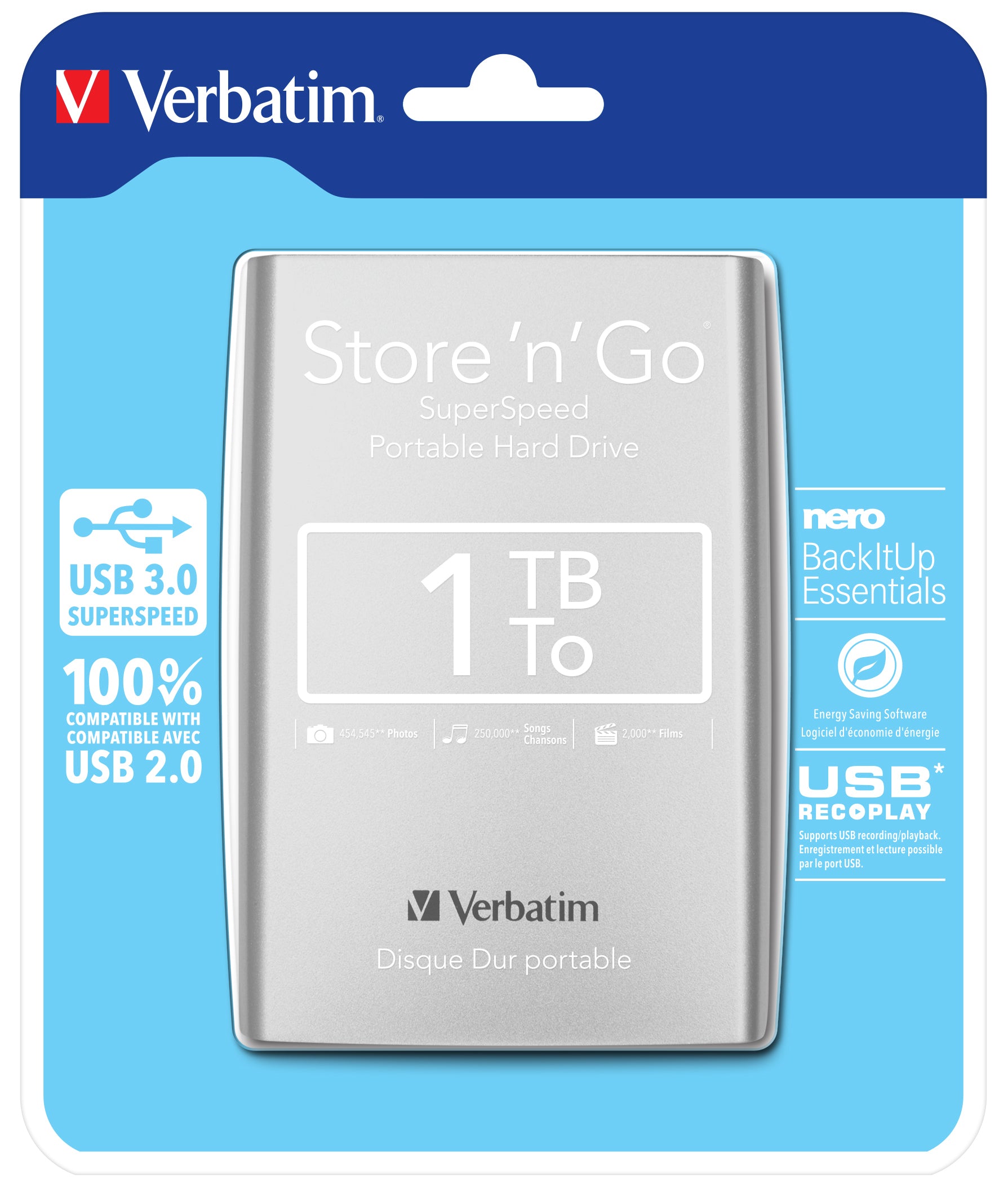 Verbatim Store 'n' Go Portable - Disque dur - 1 To - externe - USB 3.0 - argent