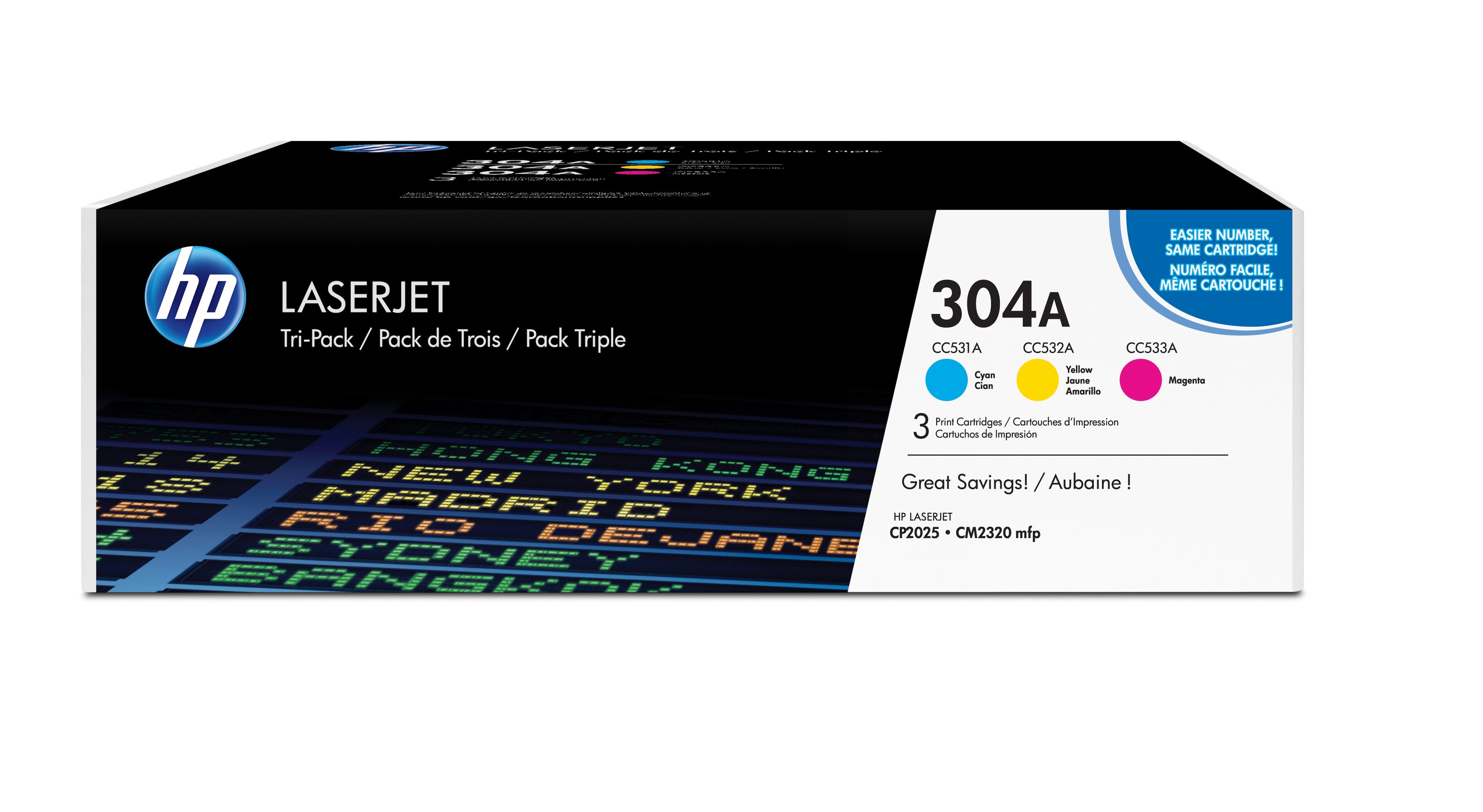 HP 304A - Pack de 3 - jaune, cyan, magenta - original - LaserJet - cartouche de toner (CF372AM) - pour Color LaserJet CM2320fxi, CM2320n, CM2320nf, CP2025, CP2025dn, CP2025n, CP2025x