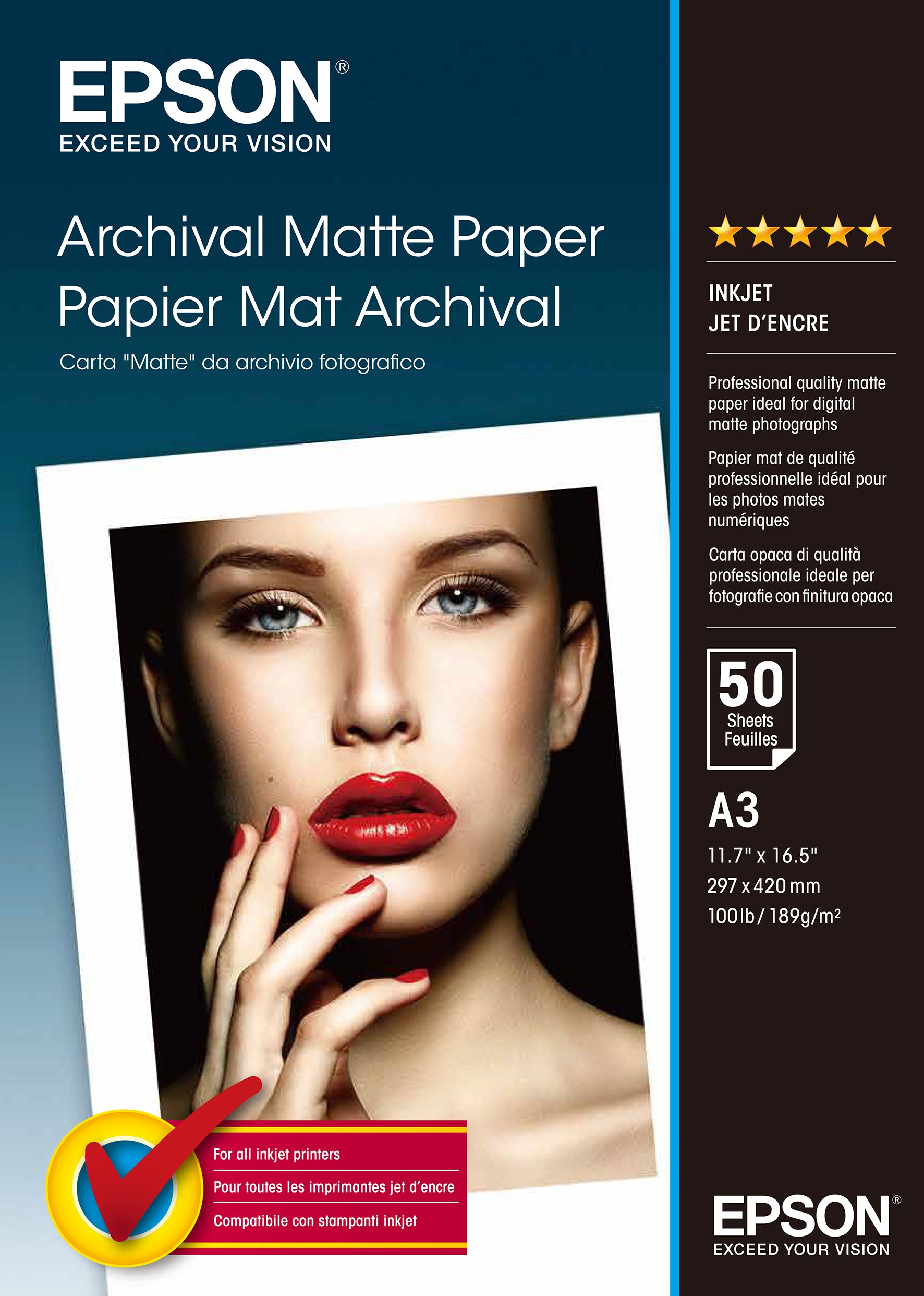 Papier Mat Epson Archival 192g/m² - 50 feuilles A3 (29,7 x 42 cm)