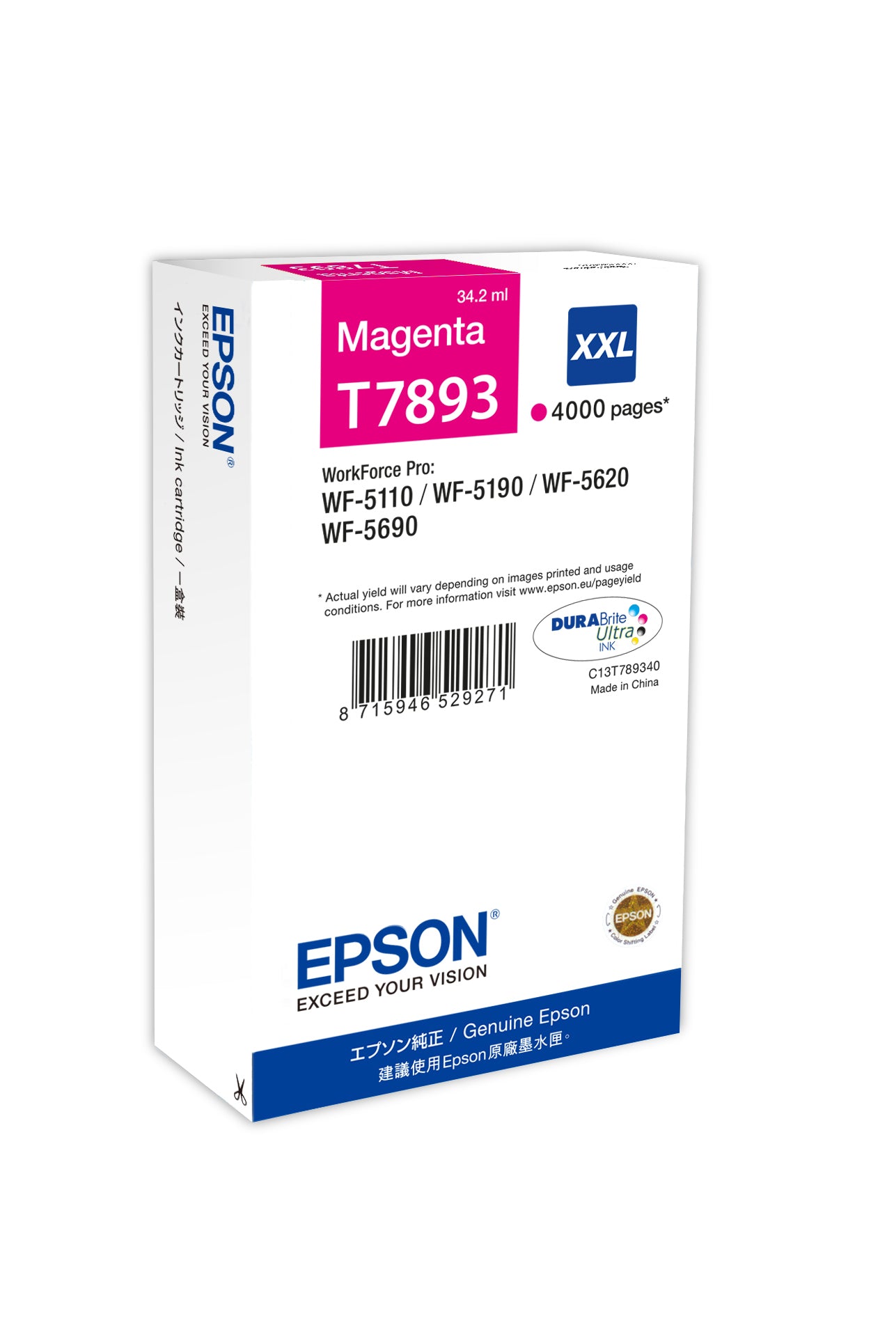 Epson T7893 - 34.2 ml - taille XXL - magenta - original - cartouche d'impression - pour WorkForce Pro WF-5110DW, WF-5190DW, WF-5190DW BAM, WF-5620DWF, WF-5690DWF, WF-5690DWF BAM