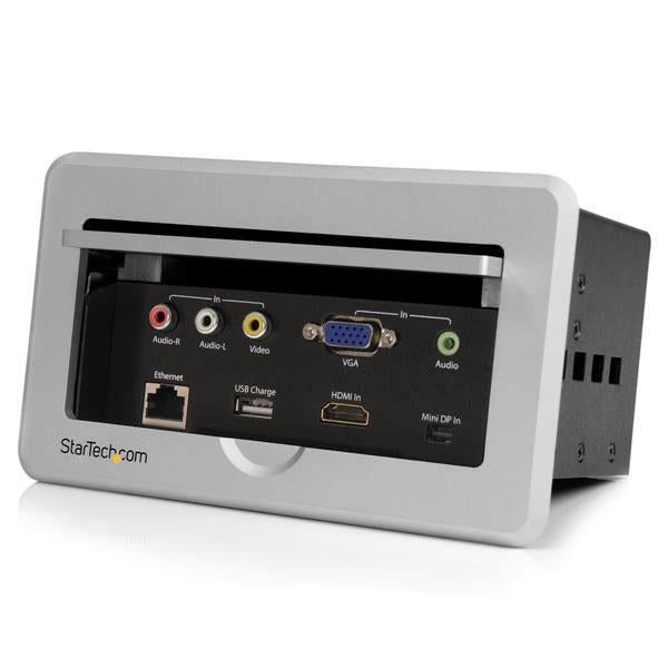 StarTech.com Boîtier / Point de connexion pour table de réunion - HDMI / VGA / Mini DP vers sortie HDMI avec port USB à charge rapide - Support de fixation - HD-15, RCA X 2, RJ-45, fiche mini-phone Stéréo 3,5 mm, RCA, HDMI, USB Type A, mini-DisplayPort
