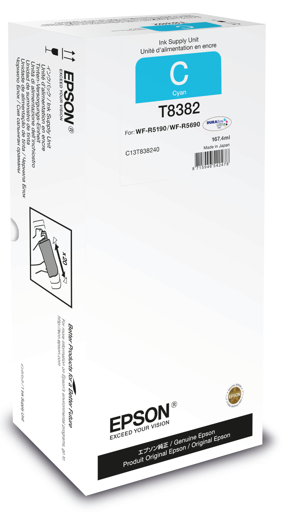 Epson T8382 - 167.4 ml - cyan - original - recharge d'encre - pour WorkForce Pro WF-R5190, WF-R5190DTW, WF-R5690, WF-R5690DTWF, WF-R5690DTWFL