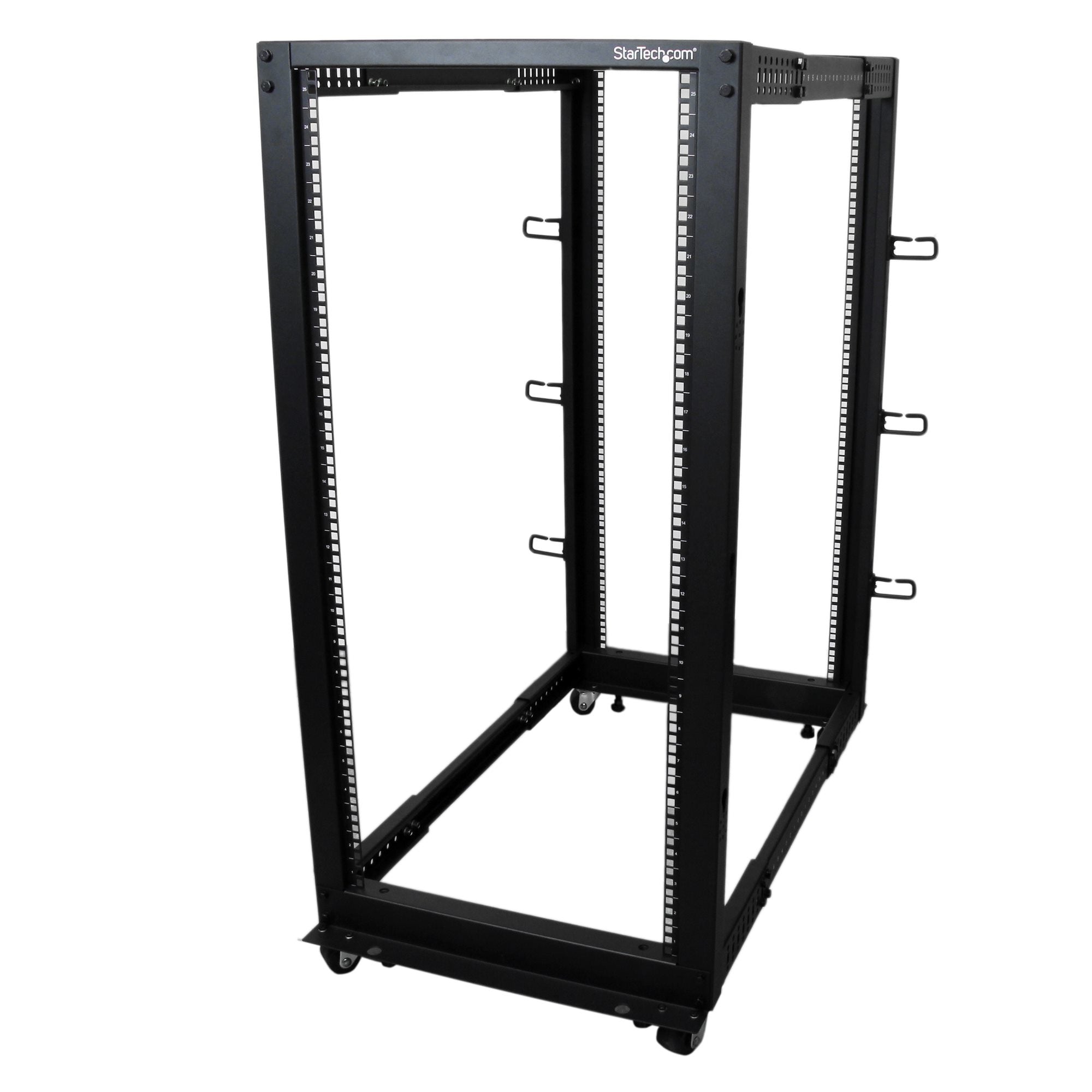 StarTech.com Rack de serveur réglable à cadre ouvert 25U 4 montants - Bâti rack avec roulettes et gestion de câbles (4POSTRACK25U) - Rack cadre ouvert - noir - 25U - pour P/N: CABSCREWM5B, CABSCREWSM5, CABSCREWSM5B, CABSCREWSM62, CABSCREWSM6B, CABSCRWS122