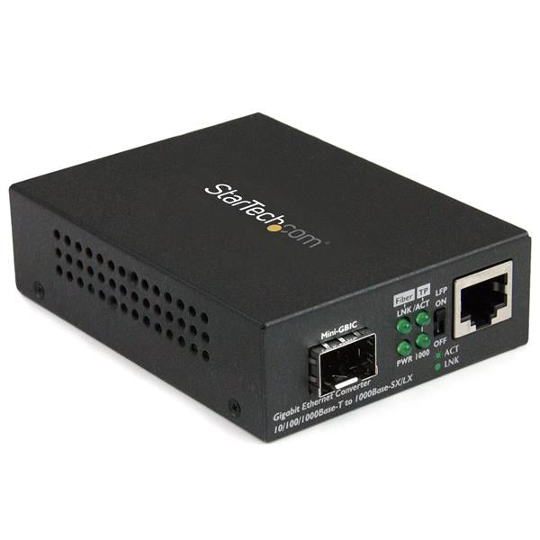 StarTech.com Convertisseur RJ45 Gigabit Ethernet sur Fibre Optique avec SFP Ouvert - 1000Mbps MonoMode/MultiMode - Convertisseur de média à fibre optique - 1GbE - 10Base-T, 1000Base-LX, 1000Base-SX, 100Base-TX, 1000Base-T - RJ-45 / SFP (mini-GBIC) - pour