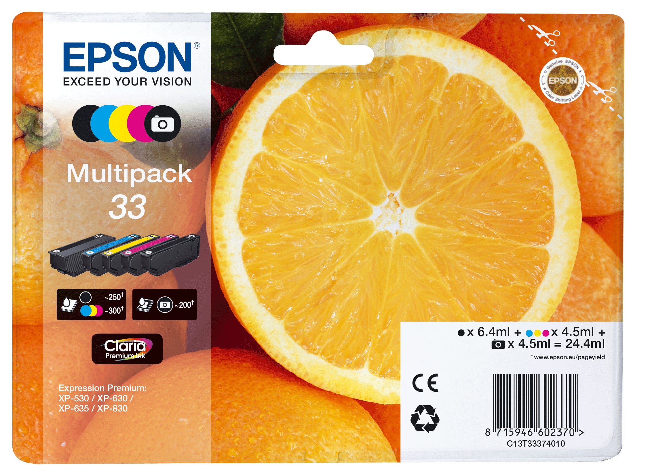 Epson 33 Multipack - Pack de 5 - 24.4 ml - noir, jaune, cyan, magenta, photo noire - original - blister - cartouche d'encre - pour Expression Premium XP-530, XP-540, XP-630, XP-635, XP-640, XP-645, XP-830, XP-900