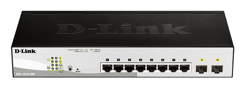 D-Link Web Smart DGS-1210-08P - Commutateur - Géré - 8 x 10/100/1000 (PoE) + 2 x Gigabit SFP - de bureau, Montable sur rack - PoE (45 W)