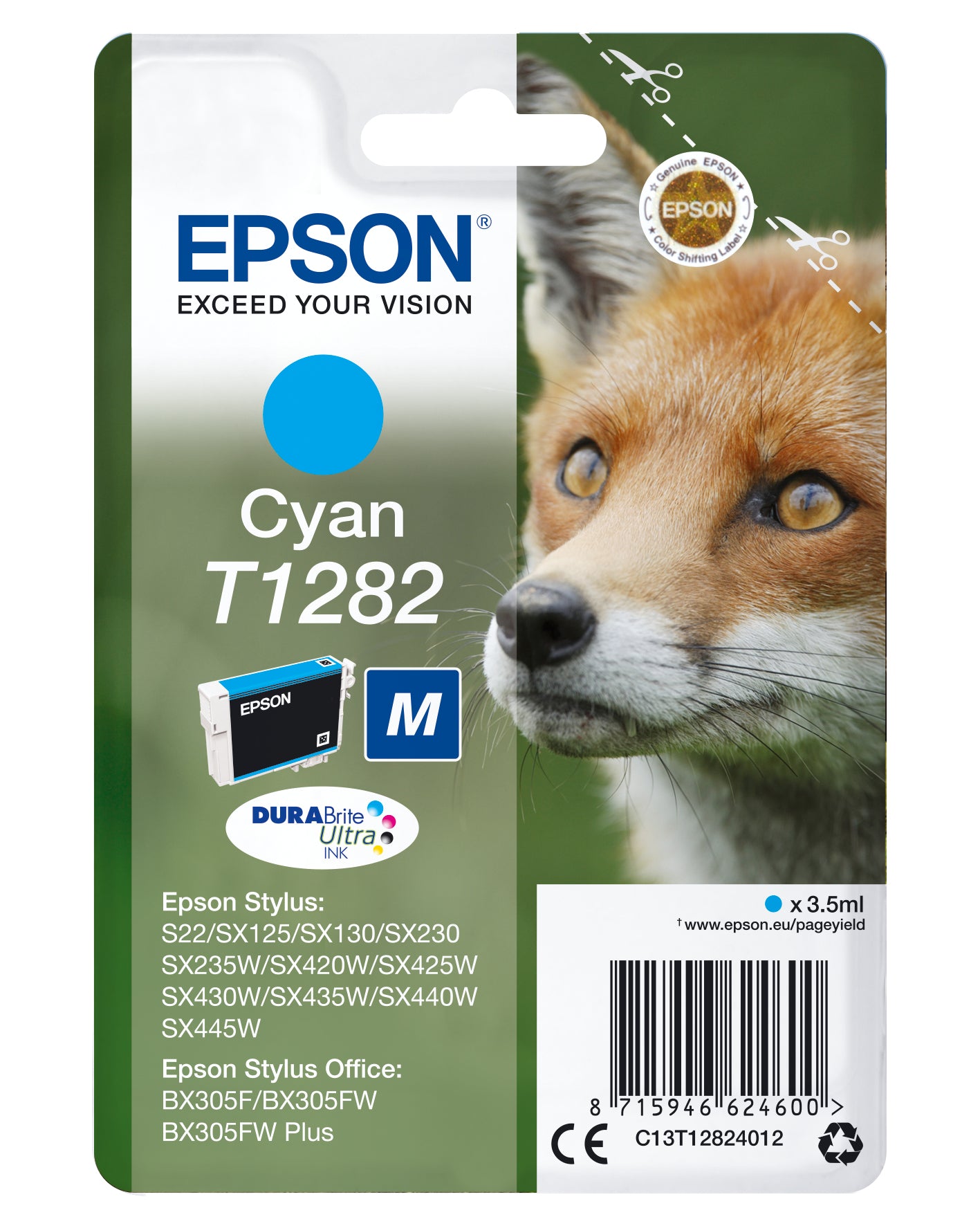 Epson T1282 - 3.5 ml - taille M - cyan - original - blister - cartouche d'encre - pour Stylus S22, SX130, SX230, SX235, SX430, SX435, SX438, SX440, SX445, Stylus Office BX305