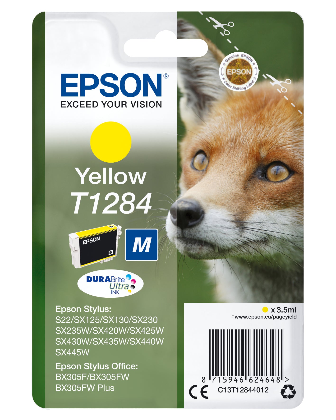 Epson T1284 - Taille M - jaune - original - emballage coque avec alarme radioélectrique/ acoustique - cartouche d'encre - pour Stylus S22, SX230, SX235, SX420, SX430, SX435, SX438, SX440, SX445, Stylus Office BX305