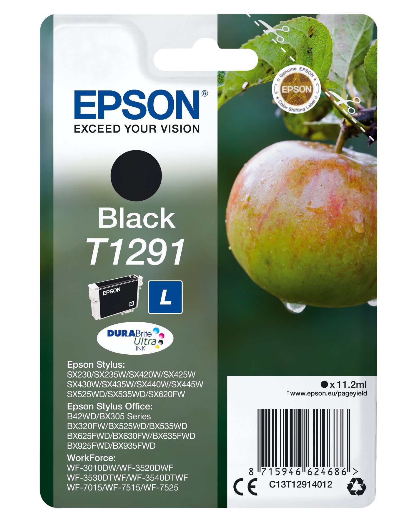 Epson T1291 - 11.2 ml - taille L - noir - original - blister - cartouche d'encre - pour Stylus SX230, SX235, SX430, SX438, WorkForce WF-3010, 3520, 3530, 3540, 7015, 7515, 7525