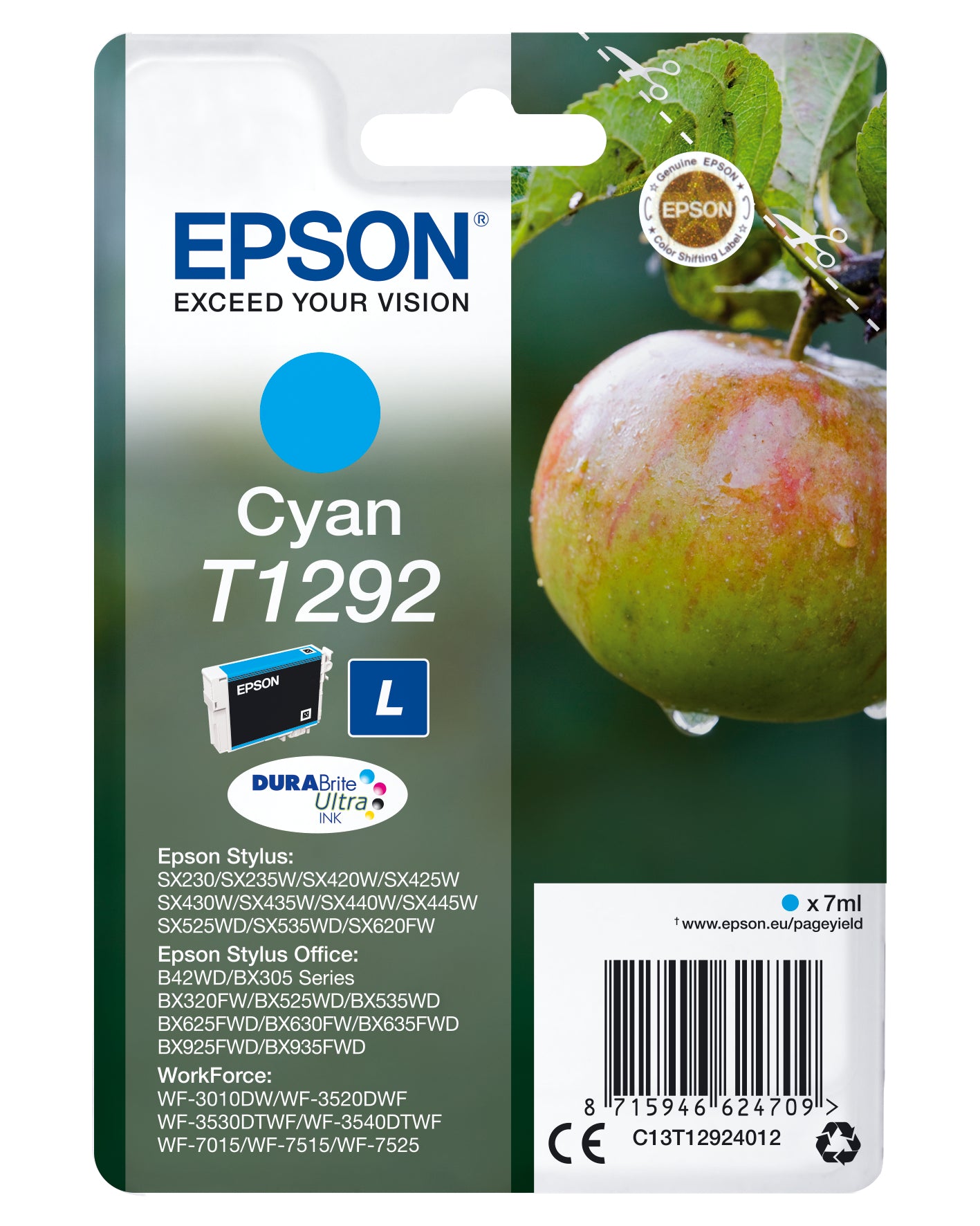 Epson T1292 - 7 ml - taille L - cyan - original - blister - cartouche d'encre - pour Stylus SX230, SX235, SX430, SX438, WorkForce WF-3010, 3520, 3530, 3540, 7015, 7515, 7525