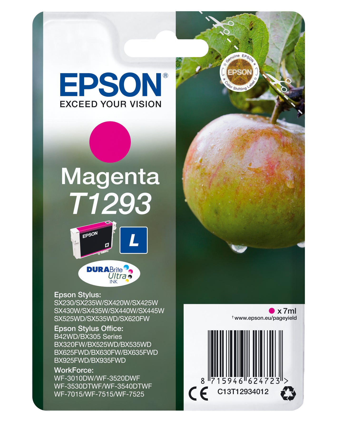 Epson T1293 - Taille L - magenta - original - emballage coque avec alarme radioélectrique/ acoustique - cartouche d'encre - pour Stylus SX230, SX235, SX430, SX438, WorkForce WF-3010, 3520, 3530, 3540, 7015, 7515, 7525