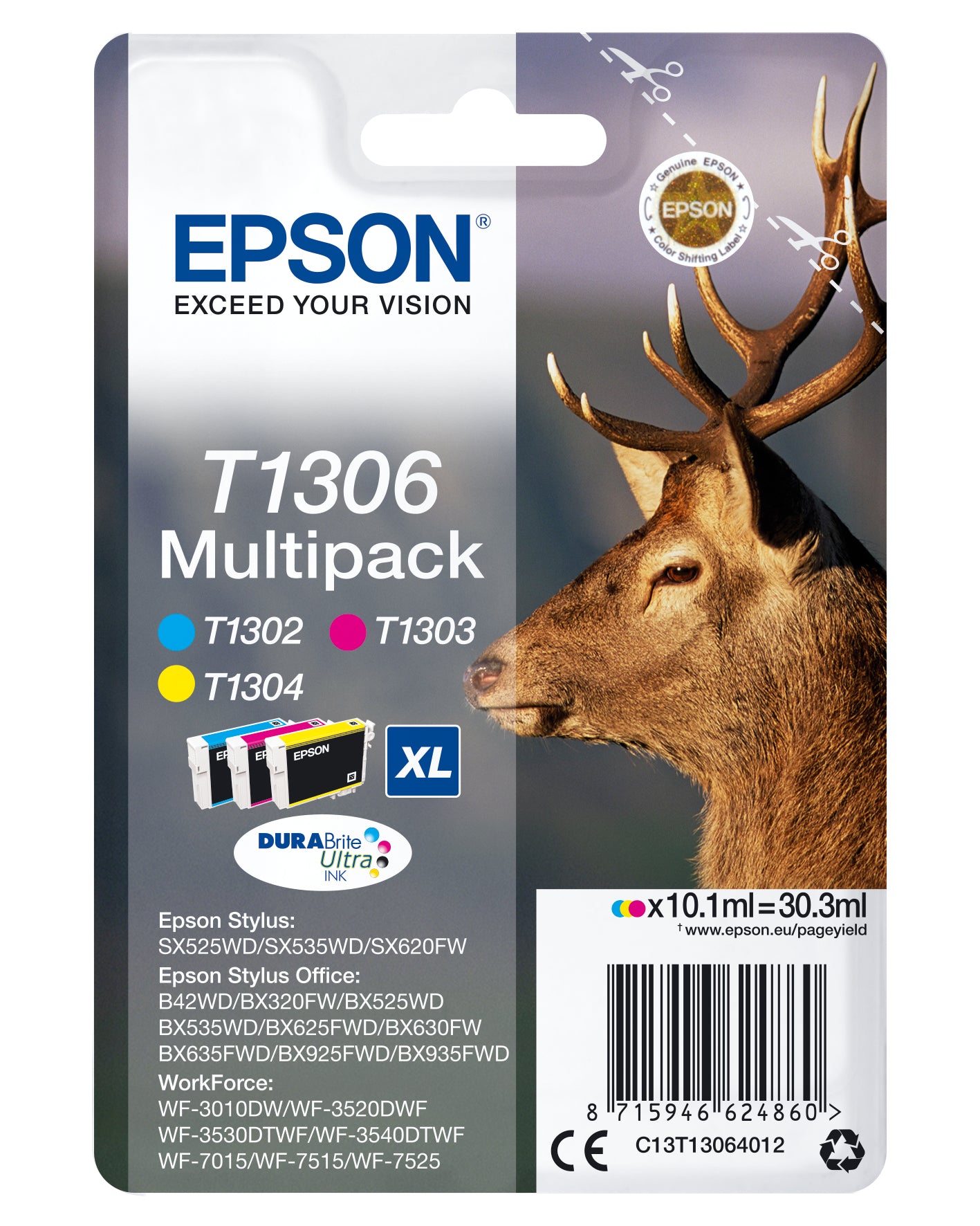 Epson T1306 Multipack - Pack de 3 - 30.3 ml - XL - jaune, cyan, magenta - original - cartouche d'encre - pour Stylus Office BX630, BX635, BX935, WorkForce WF-3010, 3520, 3530, 3540, 7015, 7515, 7525