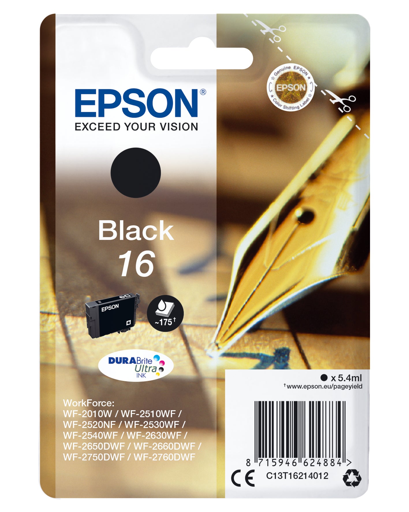 Epson 16 - 5.4 ml - noir - original - cartouche d'encre - pour WorkForce WF-2010, 2510, 2520, 2530, 2540, 2630, 2650, 2660, 2750, 2760