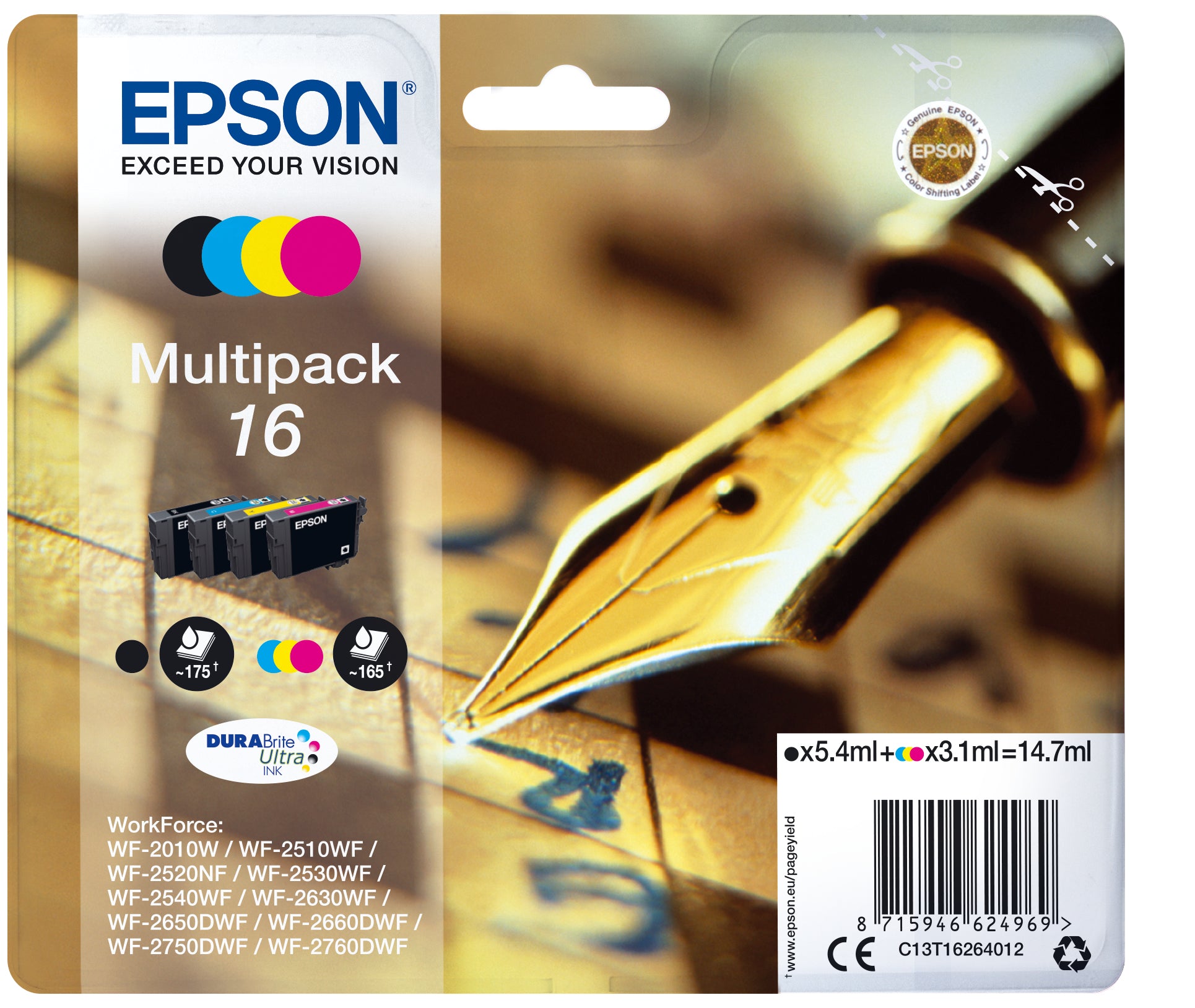 Epson 16 Multipack - Pack de 4 - noir, jaune, cyan, magenta - original - emballage coque avec alarme radioélectrique/ acoustique - cartouche d'encre - pour WorkForce WF-2010, 2510, 2520, 2530, 2540, 2630, 2650, 2660, 2750, 2760