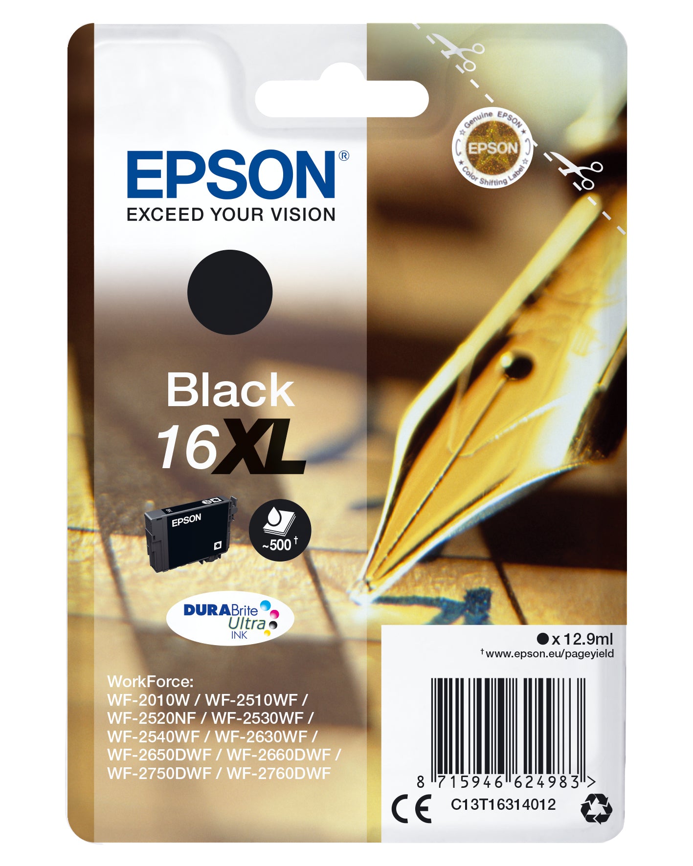 Epson 16XL - 12.9 ml - XL - noir - original - blister - cartouche d'encre - pour WorkForce WF-2010, 2510, 2520, 2530, 2540, 2630, 2650, 2660, 2750, 2760