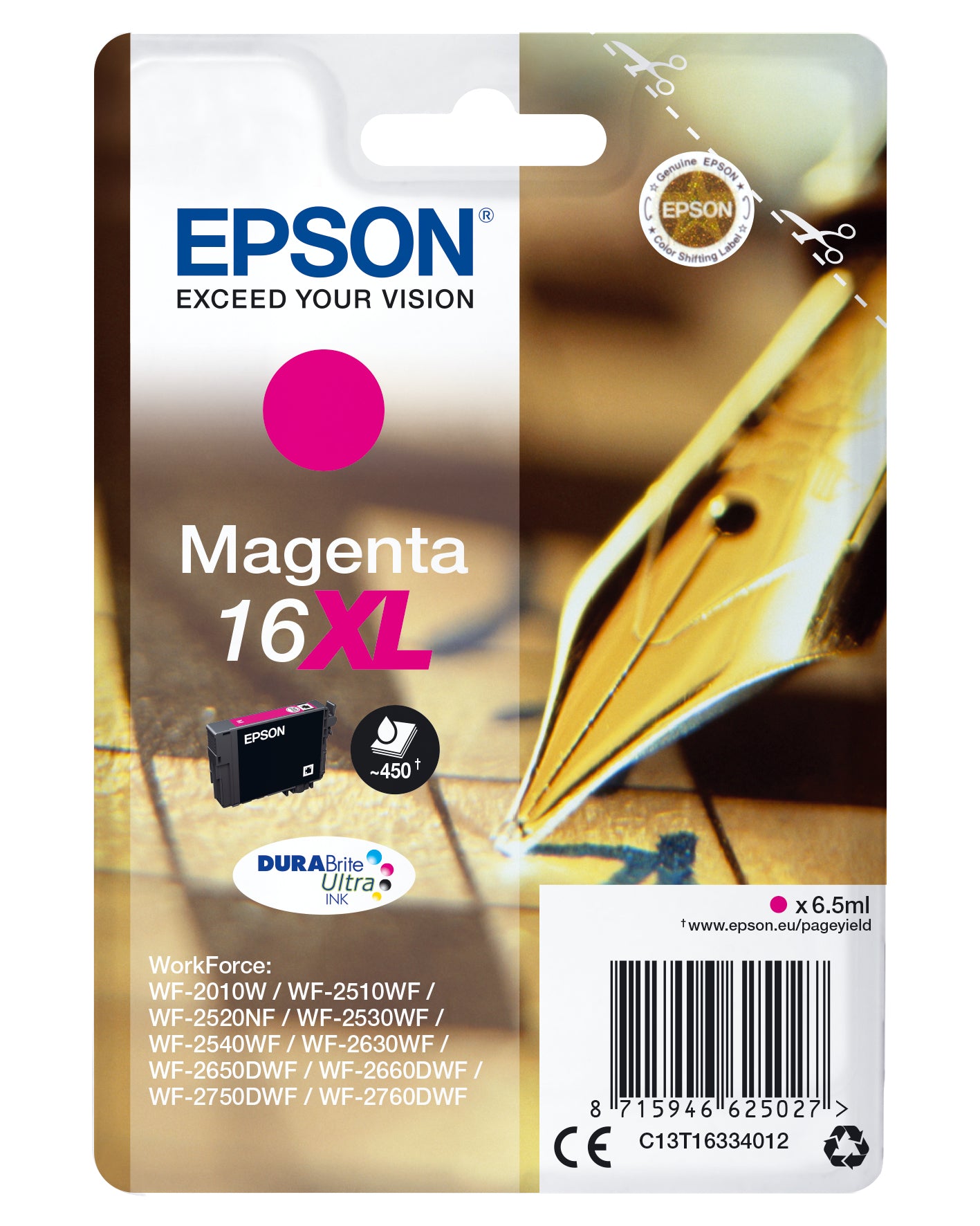Epson 16XL - 6.5 ml - XL - magenta - original - blister - cartouche d'encre - pour WorkForce WF-2010, 2510, 2520, 2530, 2540, 2630, 2650, 2660, 2750, 2760