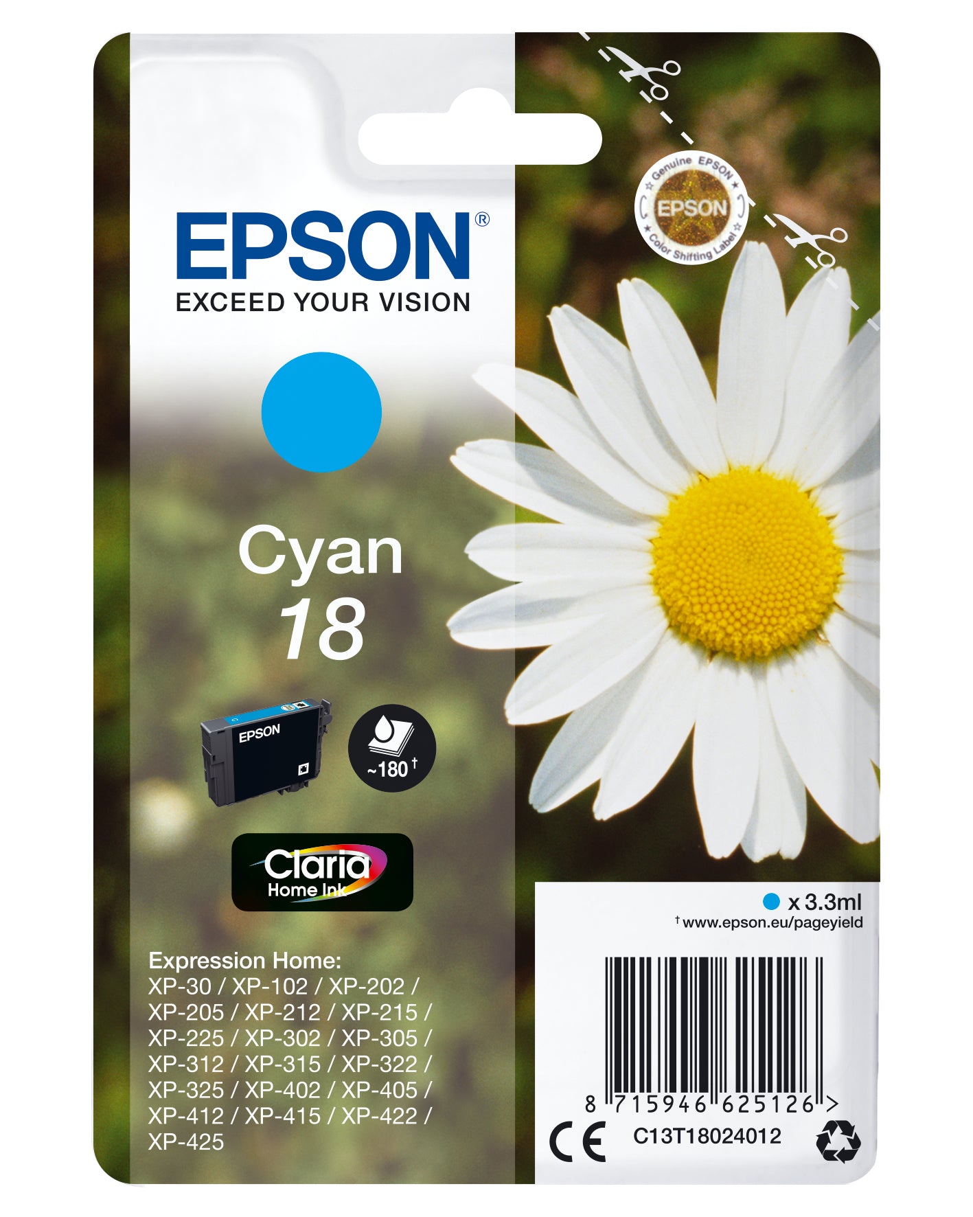 Epson 18 - 3.3 ml - cyan - original - cartouche d'encre - pour Expression Home XP-212, 215, 225, 312, 315, 322, 325, 412, 415, 422, 425