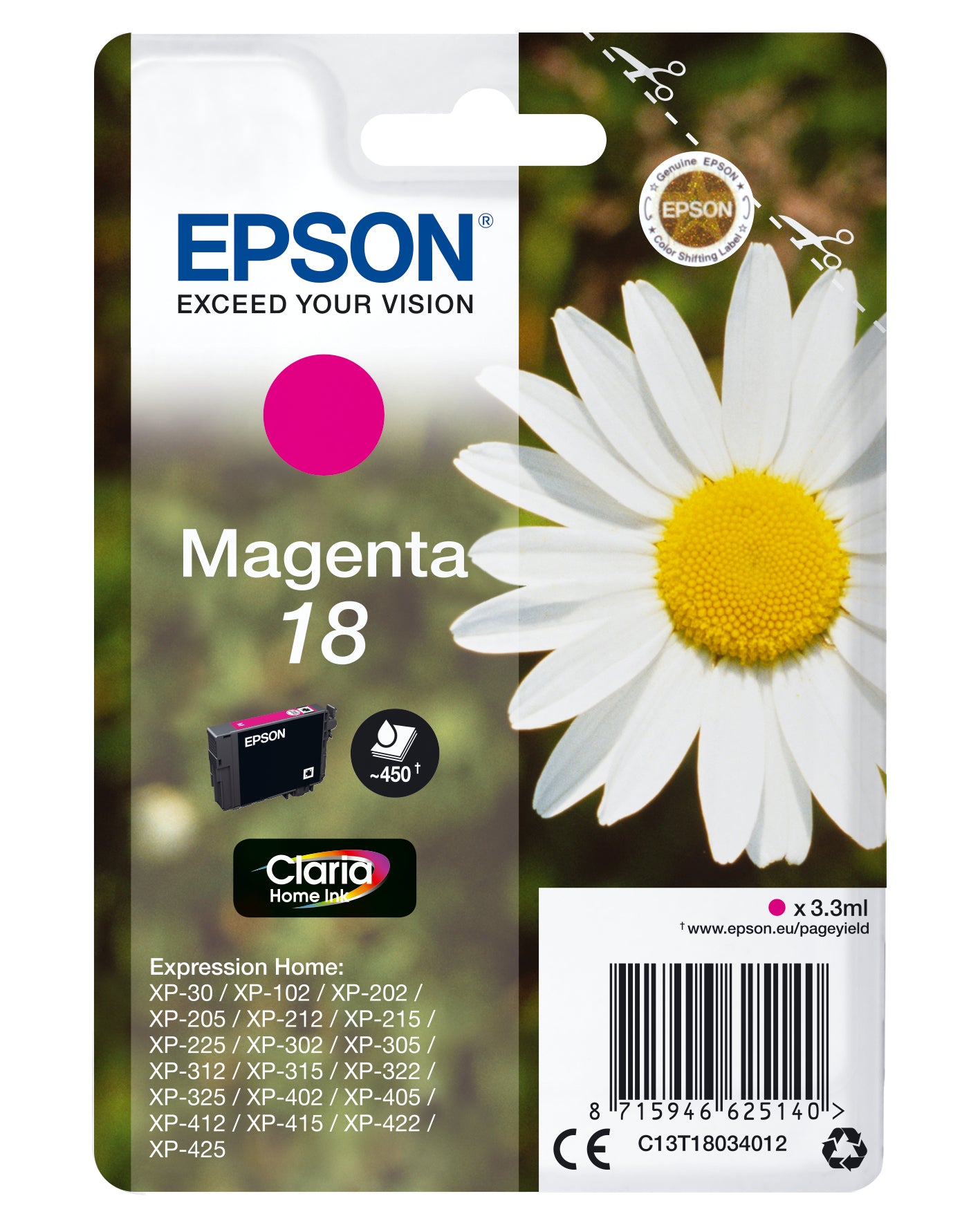 Epson 18 - 3.3 ml - magenta - original - emballage coque avec alarme radioélectrique/ acoustique - cartouche d'encre - pour Expression Home XP-212, 215, 225, 312, 315, 322, 325, 412, 415, 422, 425
