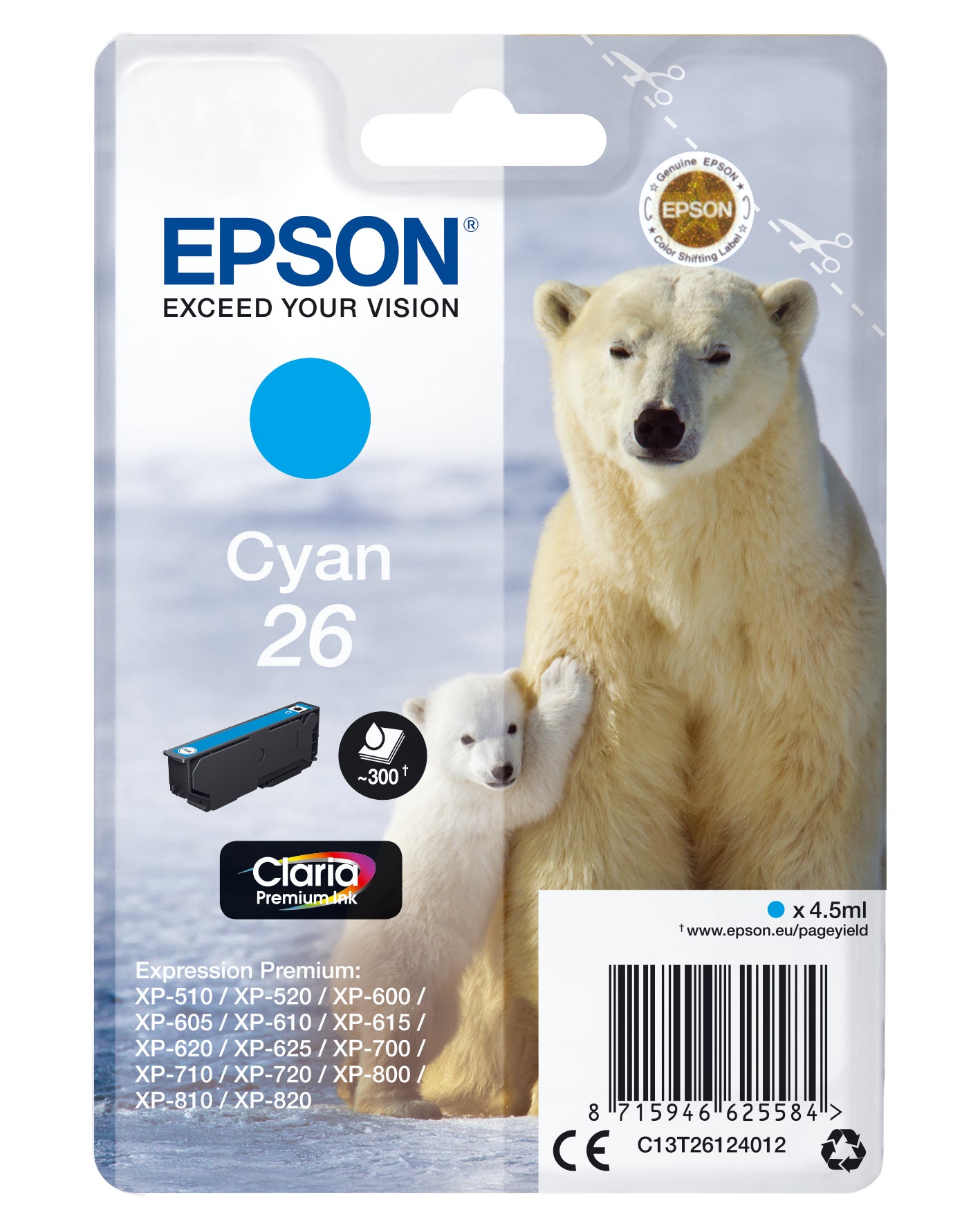 Epson 26 - 4.5 ml - cyan - original - blister - cartouche d'encre - pour Expression Premium XP-510, 520, 600, 605, 610, 615, 620, 625, 700, 710, 720, 800, 810, 820