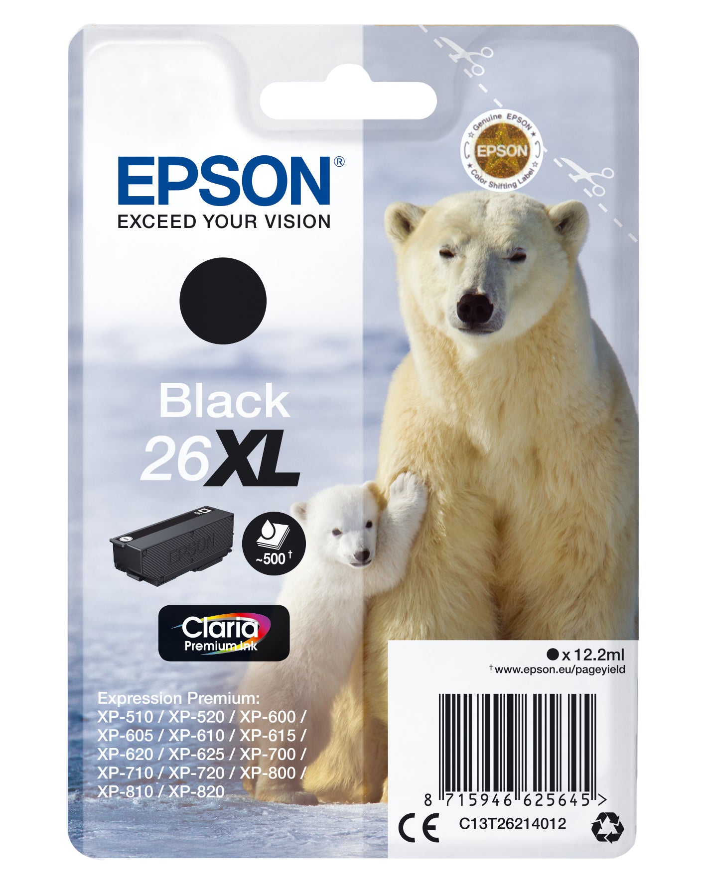 Epson 26XL - 12.2 ml - XL - noir - original - blister - cartouche d'encre - pour Expression Premium XP-510, 520, 600, 605, 610, 615, 620, 625, 700, 710, 720, 800, 810, 820