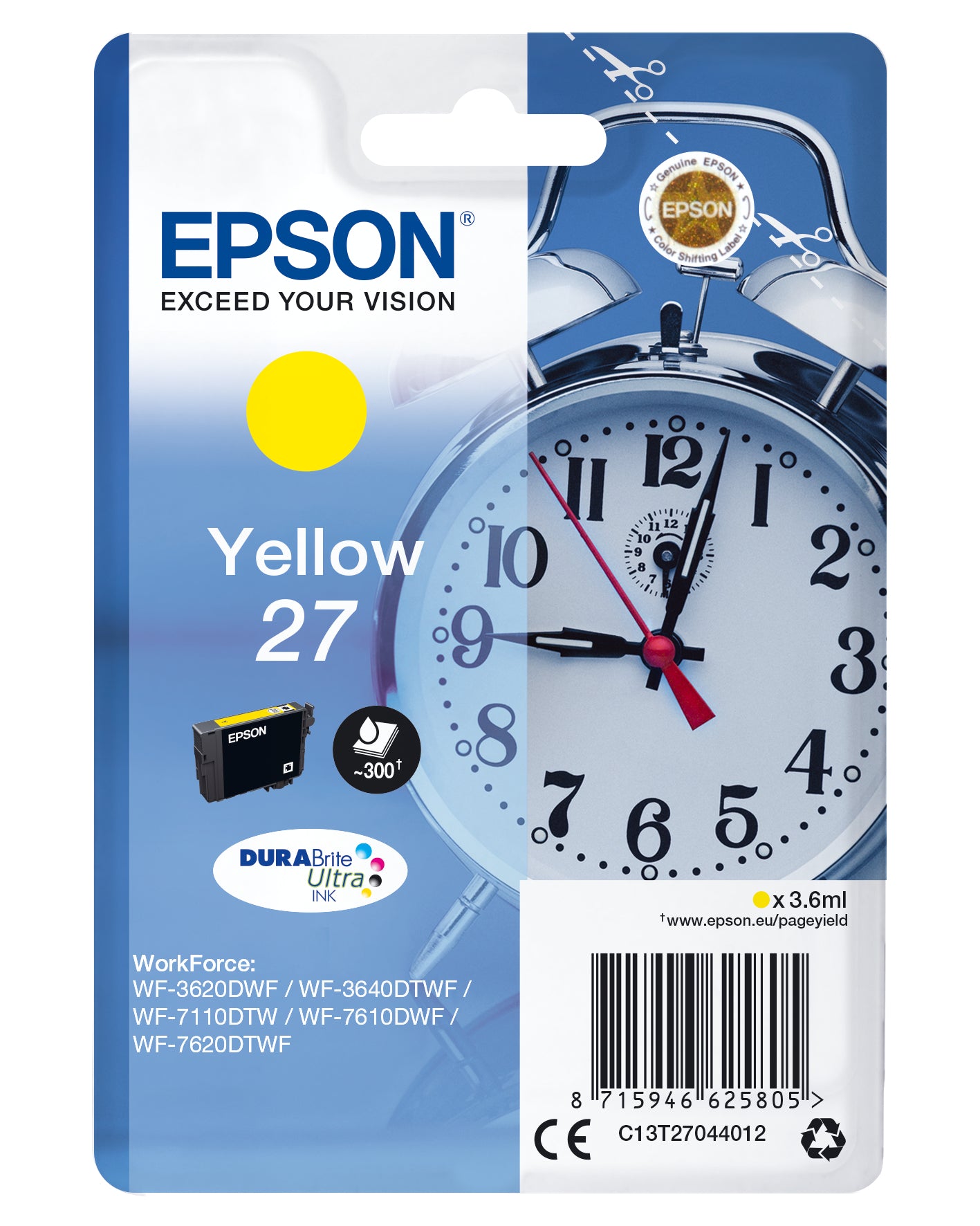 Epson 27 - 3.6 ml - jaune - original - cartouche d'encre - pour WorkForce WF-3620, WF-3640, WF-7110, WF-7210, WF-7610, WF-7620, WF-7710, WF-7715, WF-7720