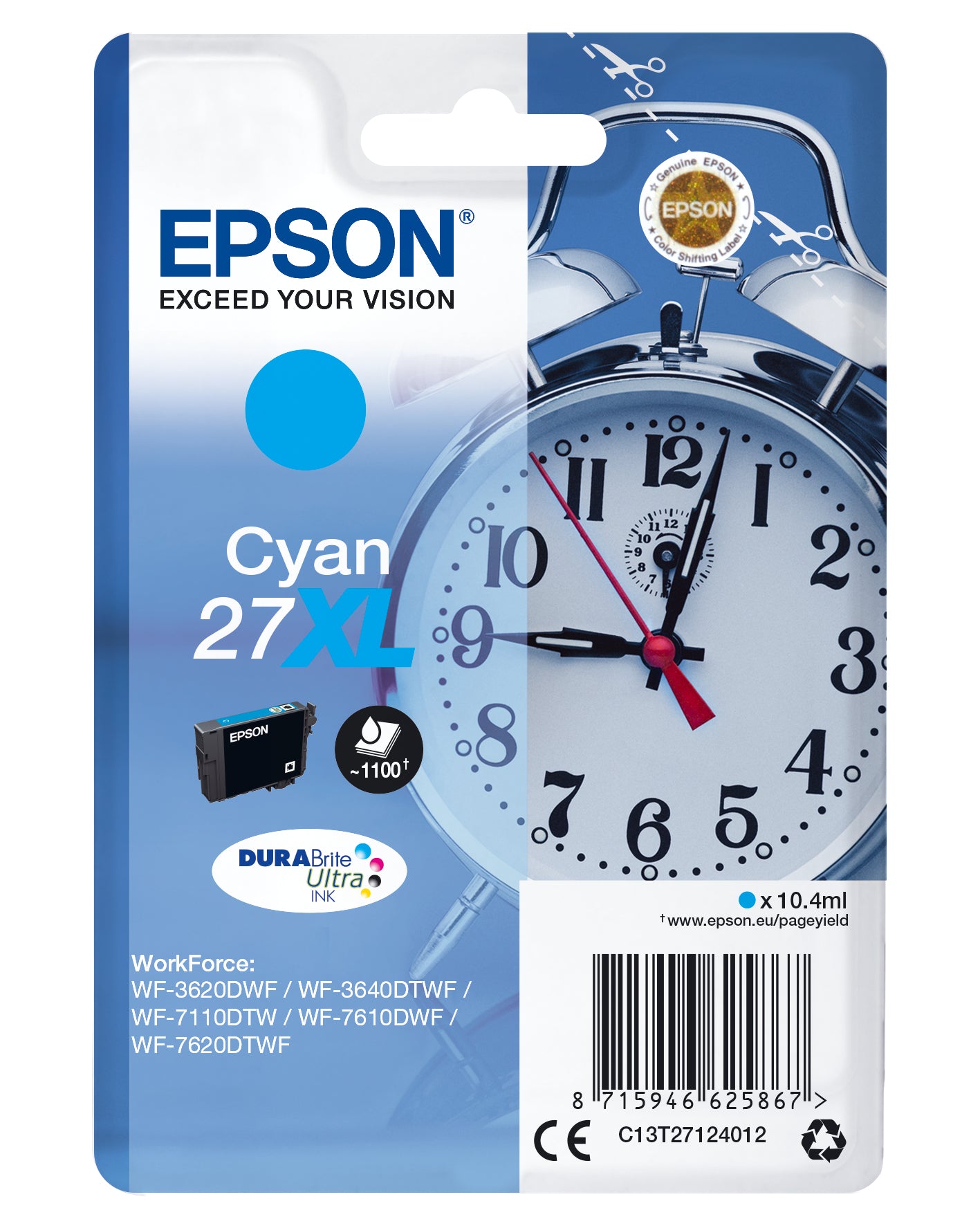Epson 27XL - 10.4 ml - XL - cyan - original - cartouche d'encre - pour WorkForce WF-3620, WF-3640, WF-7110, WF-7210, WF-7610, WF-7620, WF-7710, WF-7715, WF-7720