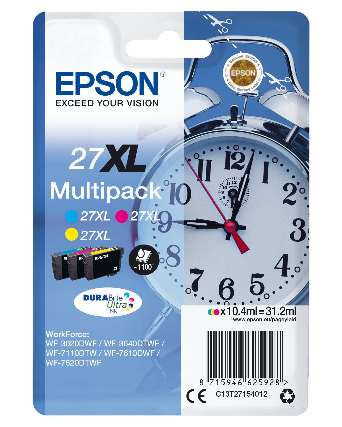 Epson 27XL Multipack - Pack de 3 - 31.2 ml - XL - jaune, cyan, magenta - original - cartouche d'encre - pour WorkForce WF-3620, WF-3640, WF-7110, WF-7210, WF-7610, WF-7620, WF-7710, WF-7715, WF-7720