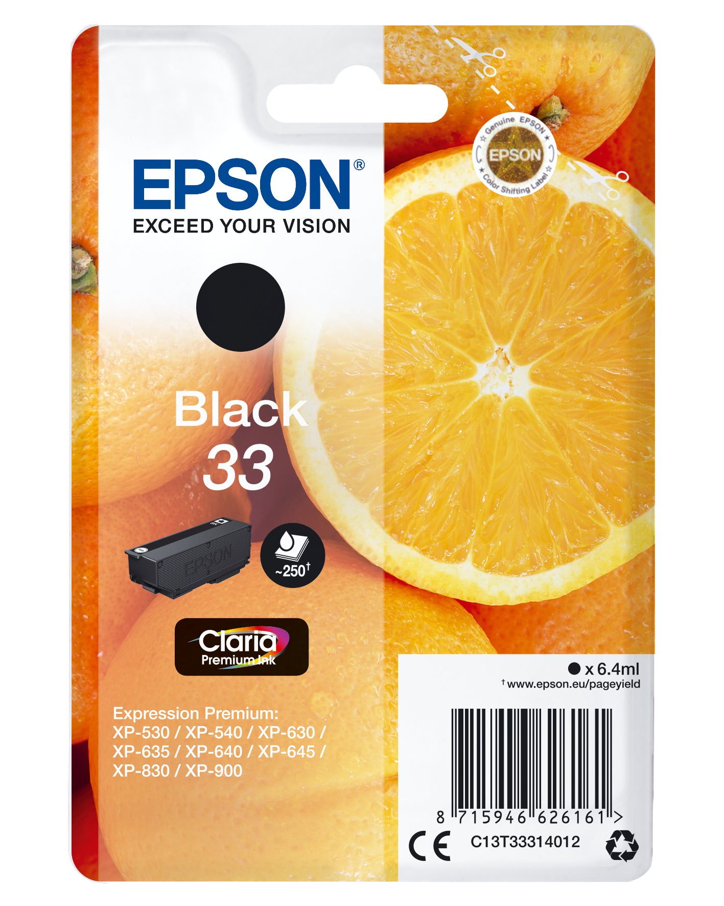 Epson 33 - 6.4 ml - noir - original - emballage coque avec alarme radioélectrique/ acoustique - cartouche d'encre - pour Expression Home XP-635, 830, Expression Premium XP-530, 540, 630, 635, 640, 645, 830, 900