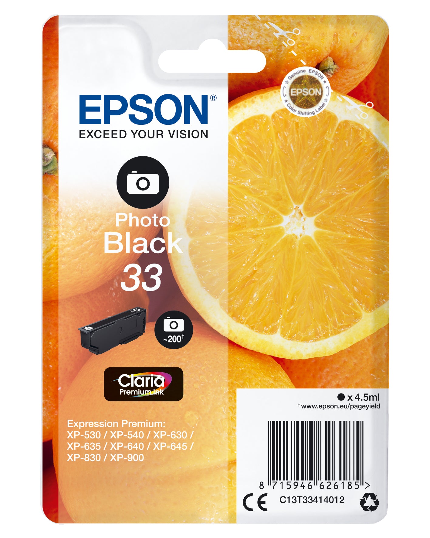Epson 33 - 4.5 ml - photo noire - original - blister - cartouche d'encre - pour Expression Home XP-635, 830, Expression Premium XP-530, 540, 630, 635, 640, 645, 830, 900