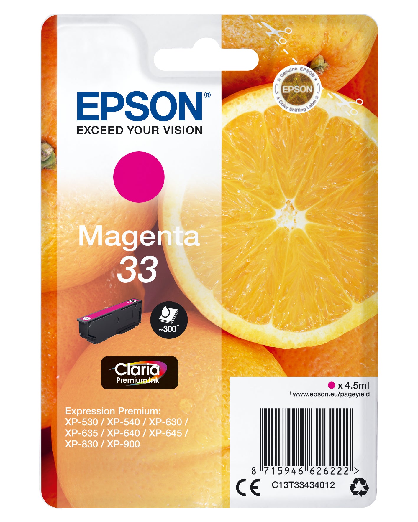 Epson 33 - 4.5 ml - magenta - original - blister - cartouche d'encre - pour Expression Home XP-635, 830, Expression Premium XP-530, 540, 630, 635, 640, 645, 830, 900