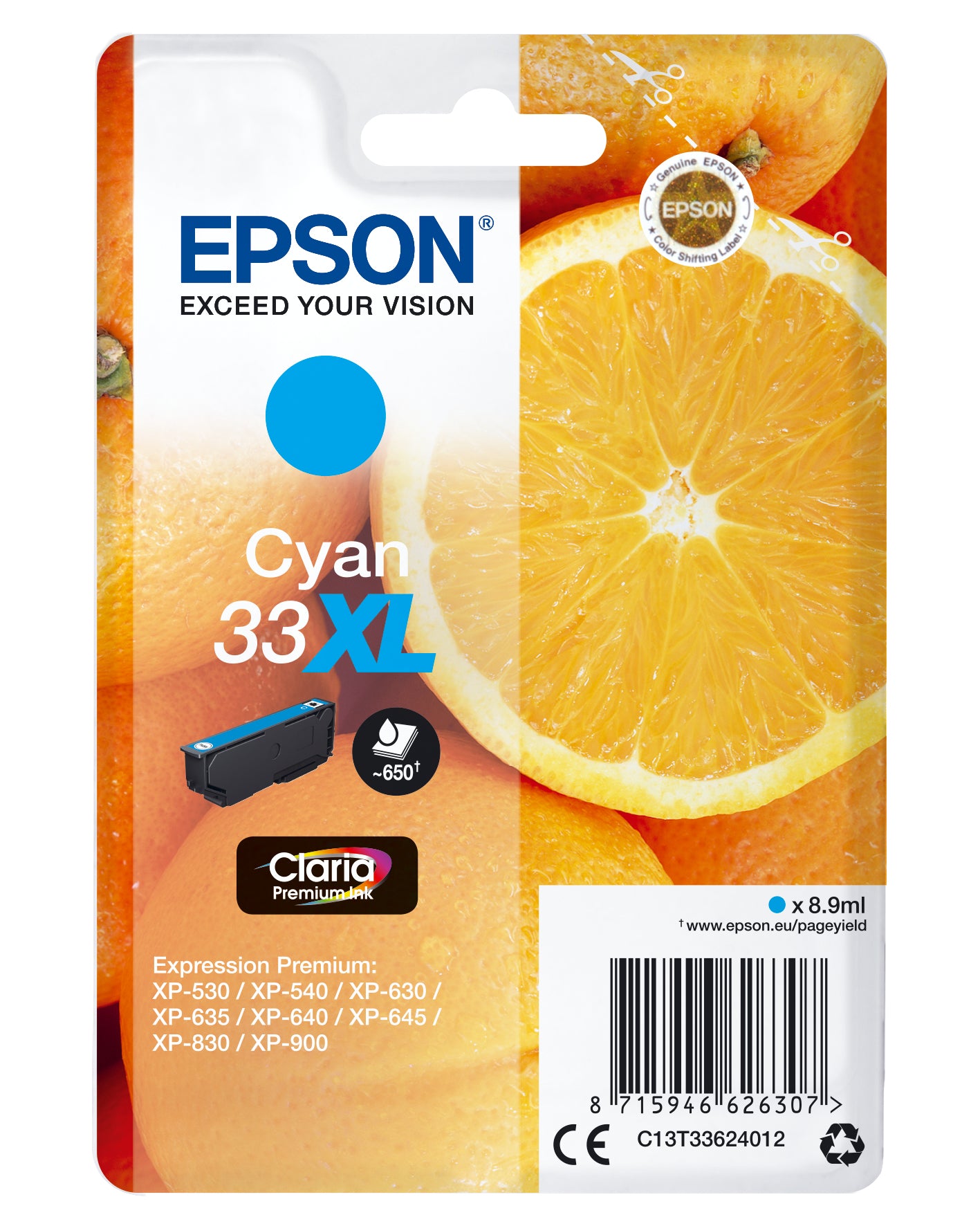 Epson 33XL - 8.9 ml - XL - cyan - original - blister - cartouche d'encre - pour Expression Home XP-635, 830, Expression Premium XP-530, 540, 630, 635, 640, 645, 830, 900