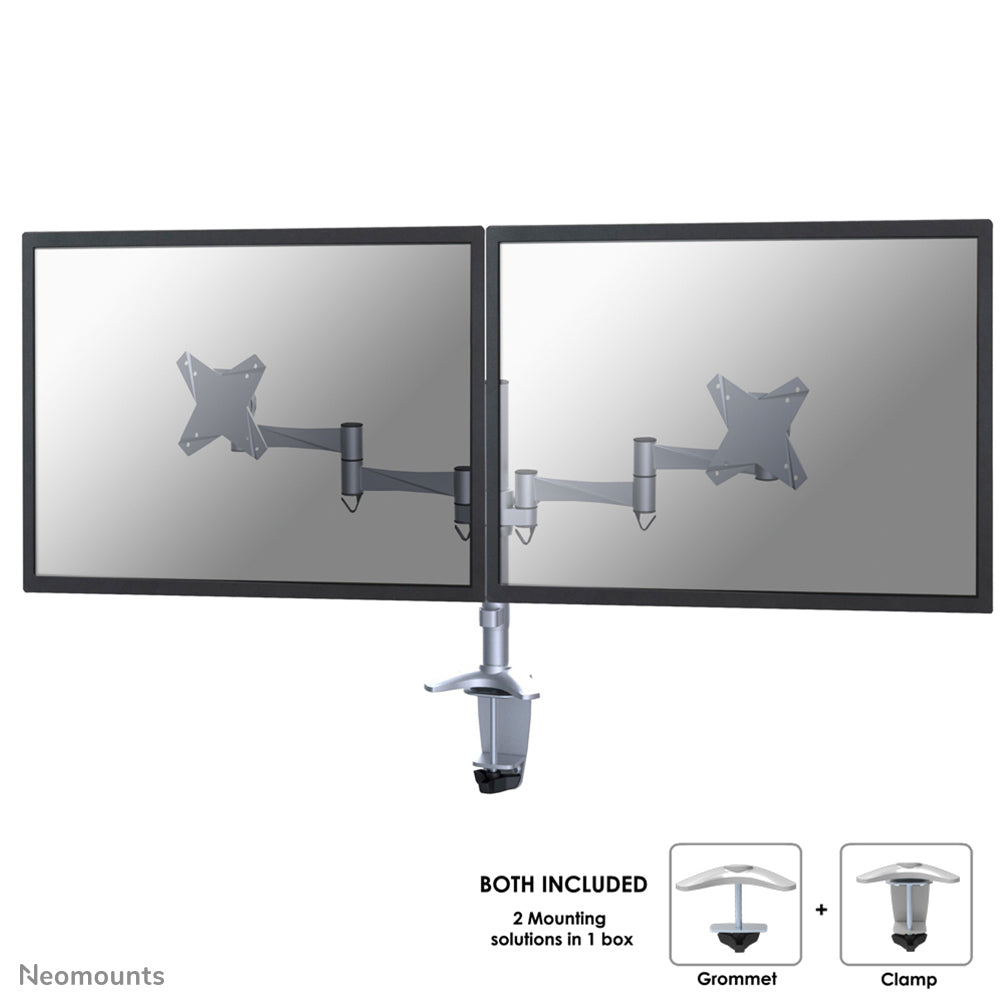 Neomounts FPMA-D1330D - Kit de montage - pleine action - pour 2 écrans LCD - argent - Taille d'écran : 10"-27" - pinces montables, oeillet, montrable sur bureau