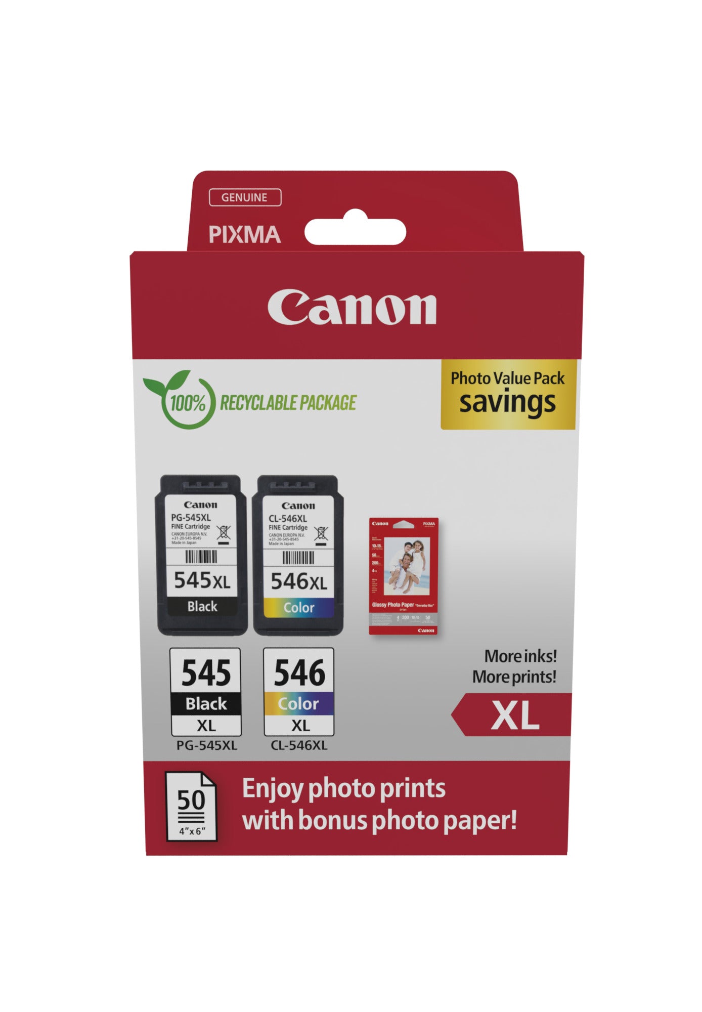 Canon PG-545XL/CL-546XL Photo Paper Value Pack - Pack de 2 - à rendement élevé - noir, couleur (cyan, magenta, jaune) - original - boîte de suspension - jeu de papier / cartouche d'encre - pour PIXMA TR4551, TR4650, TR4651, TS3350, TS3351, TS3352, TS3355,