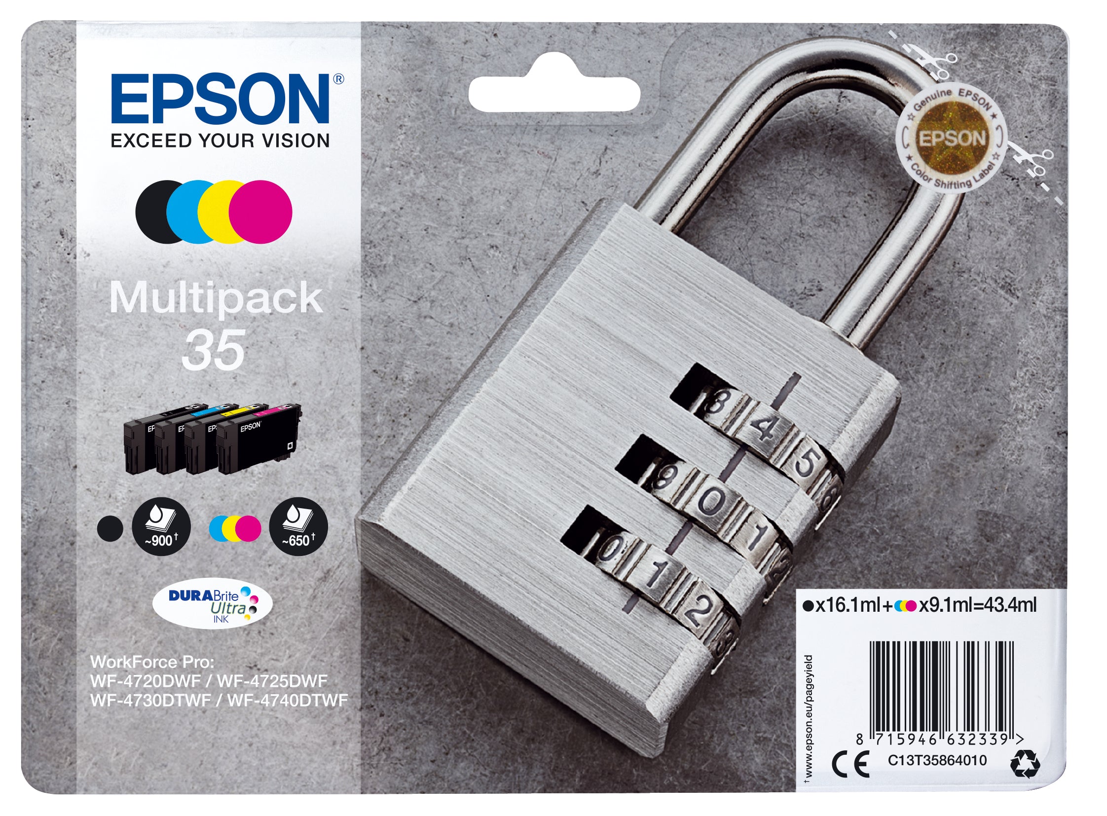 Epson 35 Multipack - Pack de 4 - noir, jaune, cyan, magenta - original - emballage coque avec alarme radioélectrique/ acoustique - cartouche d'encre - pour WorkForce Pro WF-4720, WF-4720DWF, WF-4725DWF, WF-4730, WF-4730DTWF, WF-4740, WF-4740DTWF