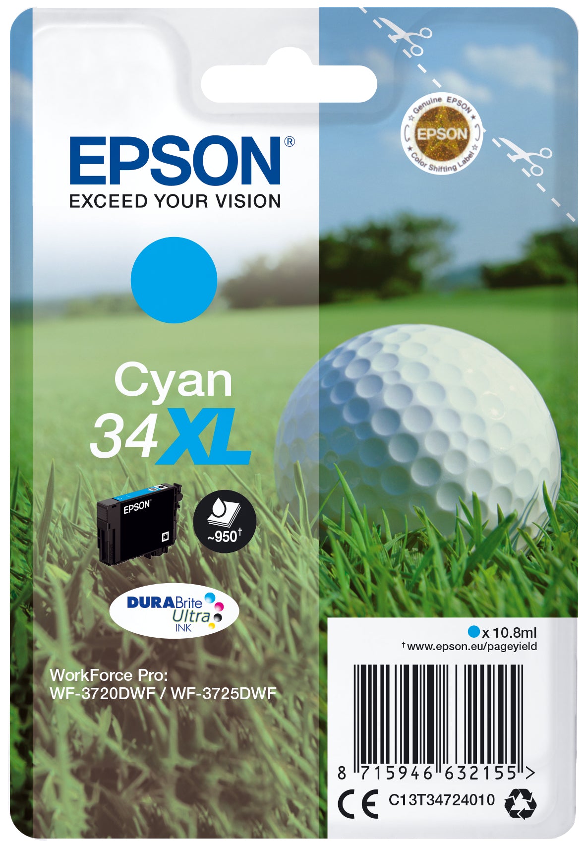 Epson 34XL - 10.8 ml - XL - cyan - original - cartouche d'encre - pour WorkForce Pro WF-3720, WF-3720DWF, WF-3725DWF