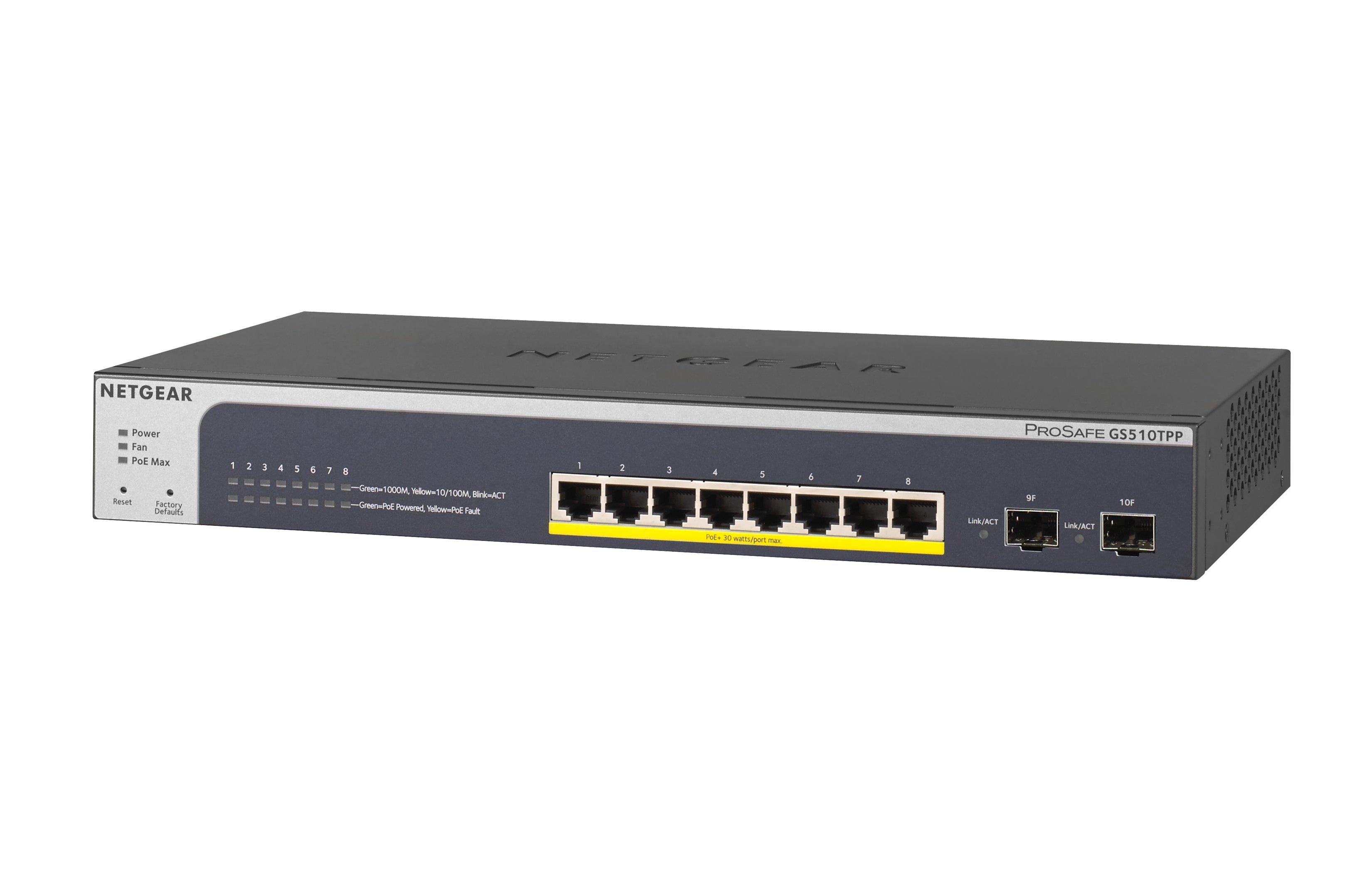 Netgear GS510TPP Smart Switch 8 ports Gigabit Ethernet PoE+ haute puissance avec 2 ports dédiés Ports SFP (190W).