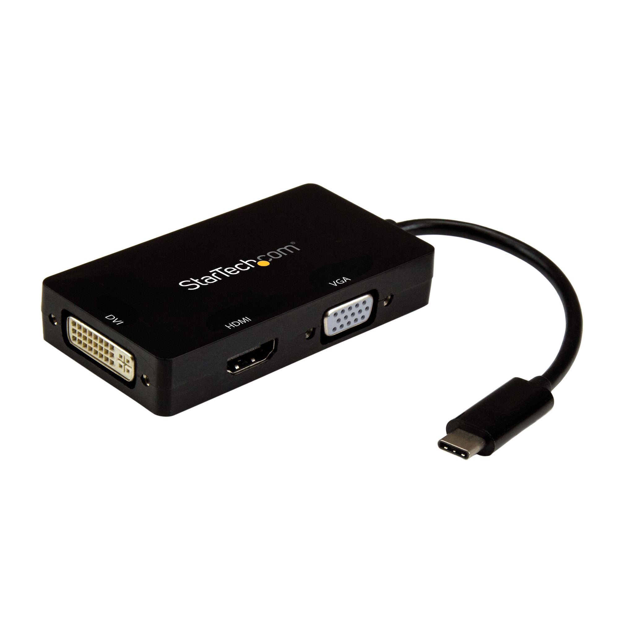 StarTech.com Adaptateur multiport USB-C vers HDMI, DVI ou VGA - Adaptateur vidéo - 24 pin USB-C mâle pour HD-15 (VGA), DVI-I, HDMI femelle - 15 cm - noir - convertisseur actif, prise en charge de 4K30Hz (3 840 x 2 160) (HDMI), support 1 920 x 1 200 (WUXGA